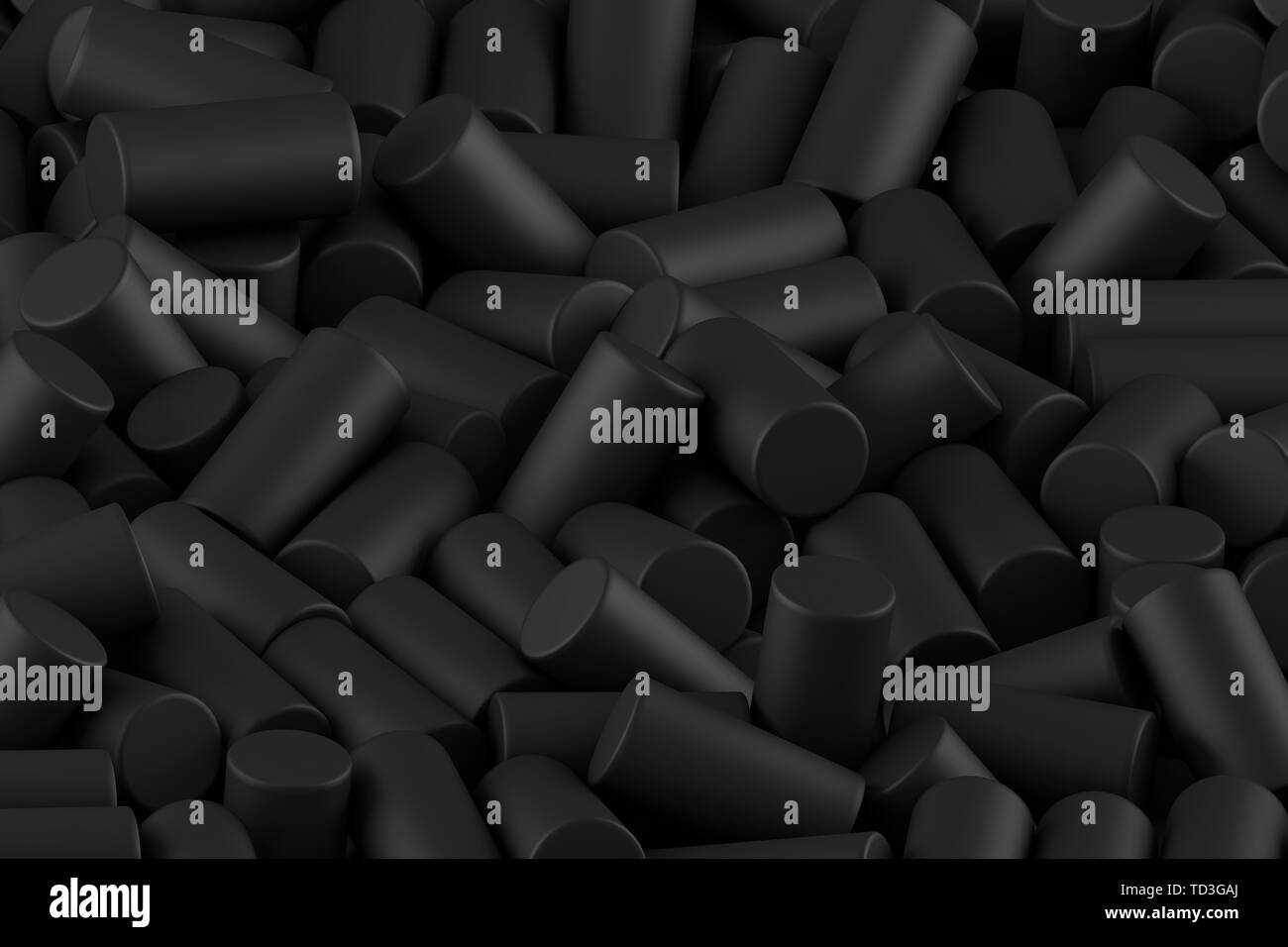 Abstract background of randomly arranged matte cylinders of black. 3d rendering. Stock Photo