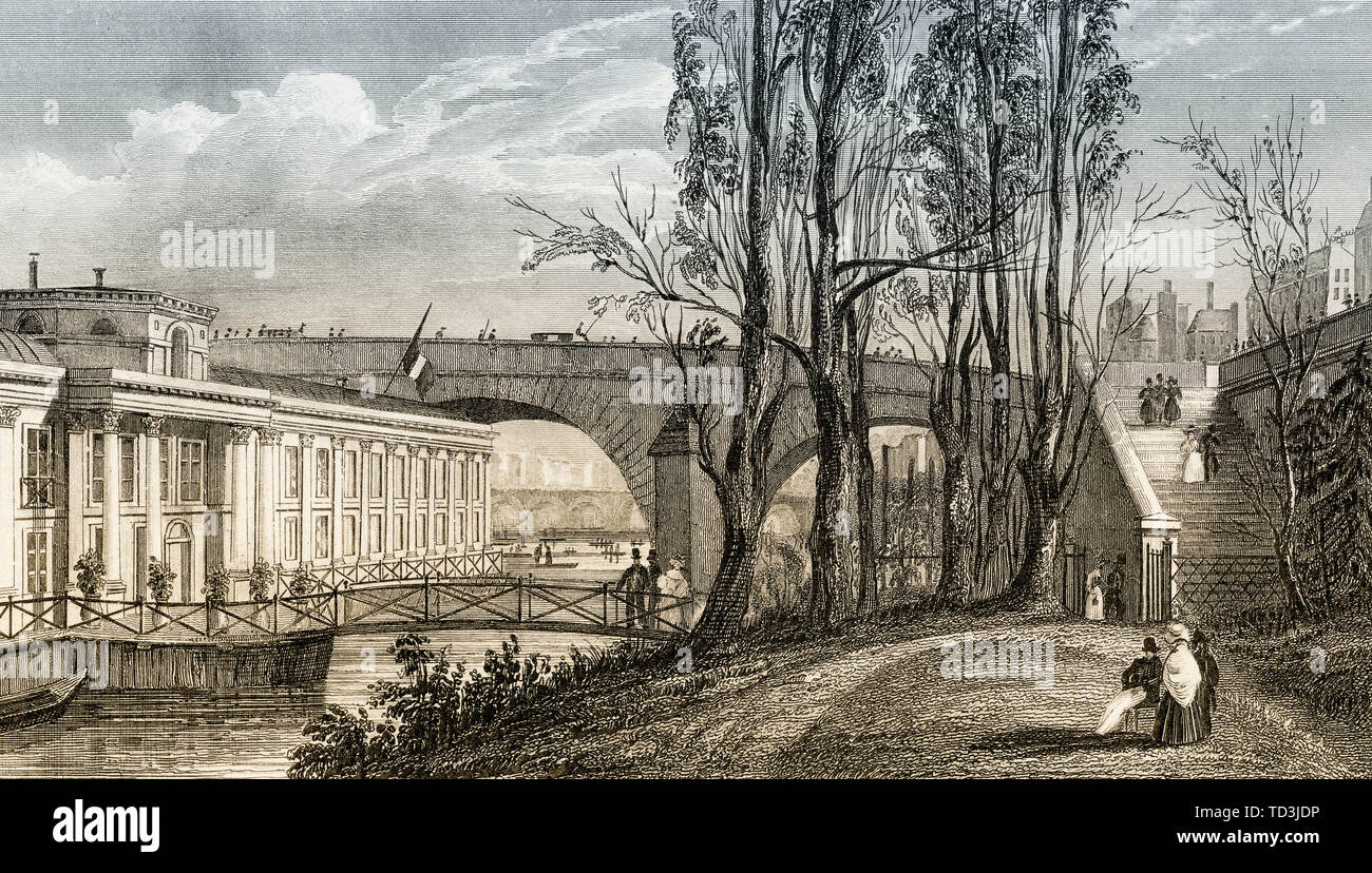 Bains Vigier, Pavillon de Flore, Louvre, Paris, antique steel engraved print, 1831 Stock Photo