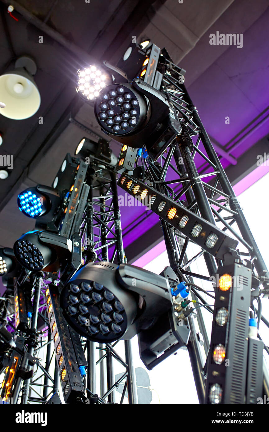 Stage lights setting. Lighting equipment at the concert venue Stock
