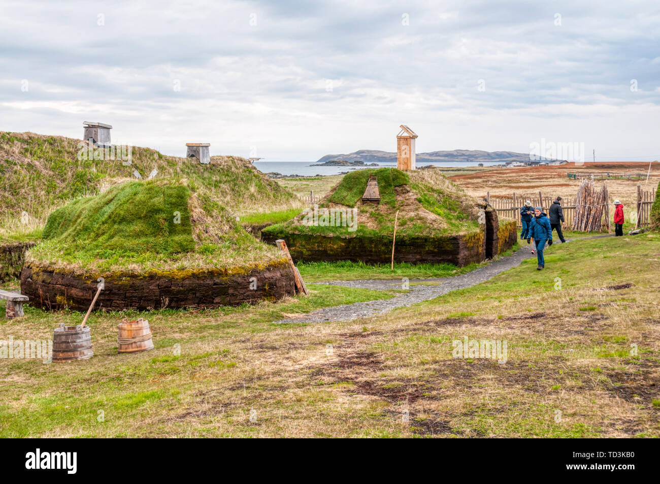 Tourists at the reconstructed Norse or Viking settlement at L’Anse aux Meadows on the Great Northern Peninsula of Newfoundland. Stock Photo
