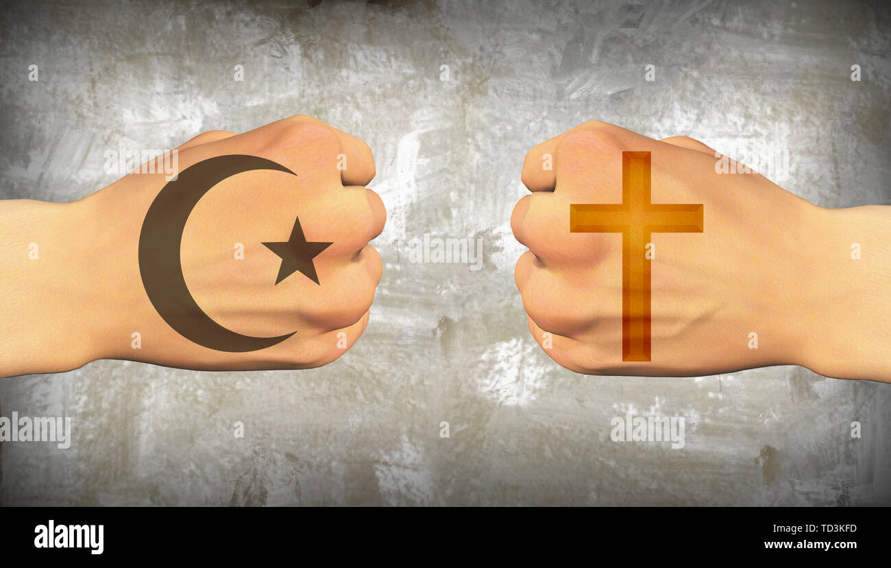 Fists with symbols of Christianity and Islam Stock Photo