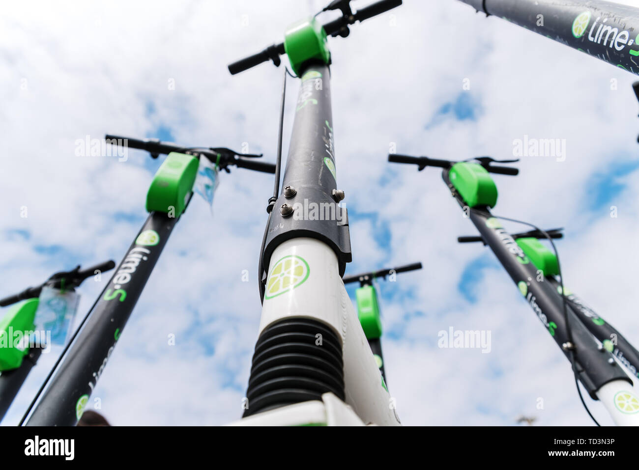 Valencia, Spain April 29, 2019 Lime rents electric scooters in the