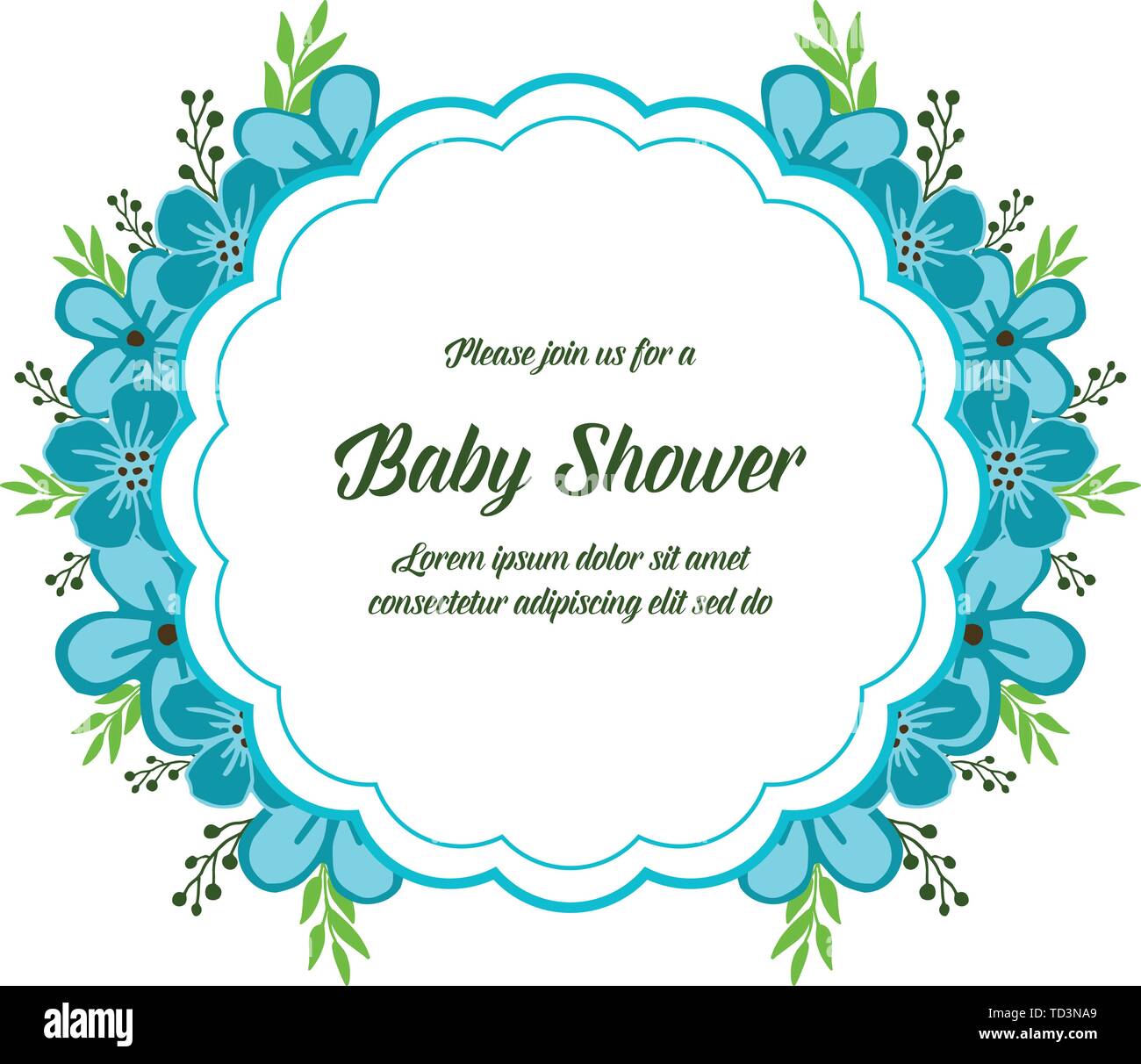 Vector illustration decor of card baby shower with blue wreath frame ...