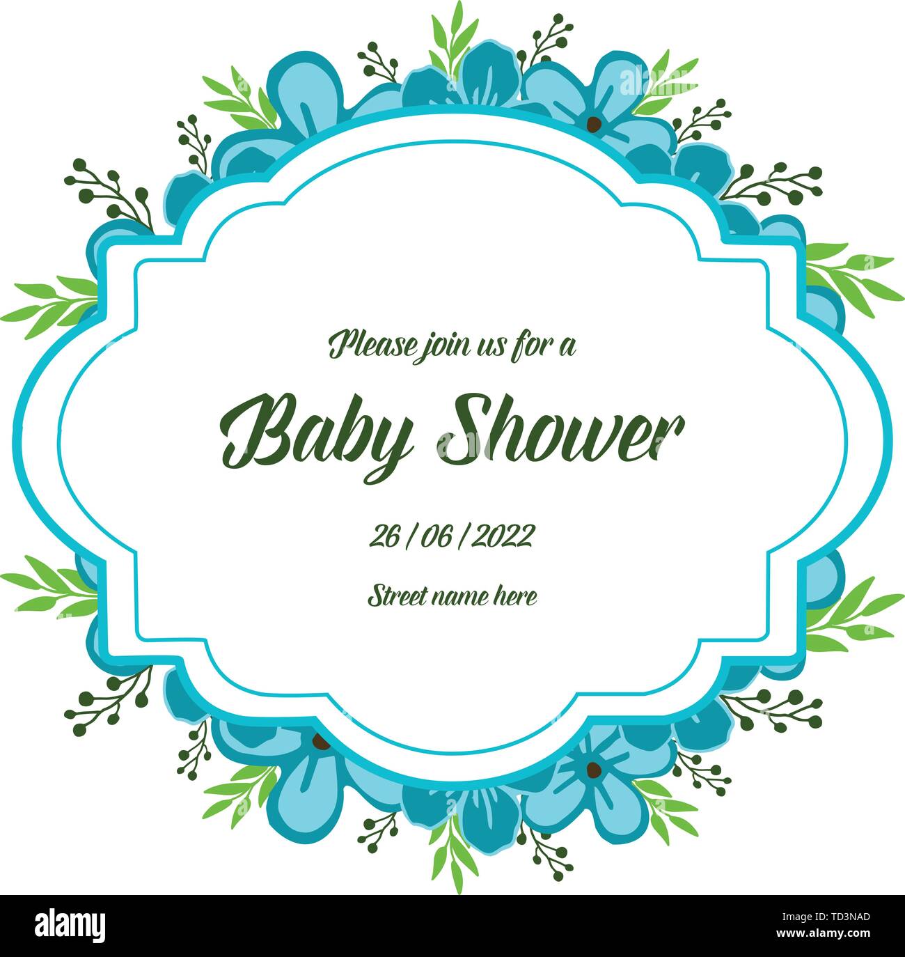 Vector illustration decor of card baby shower with blue wreath frame ...