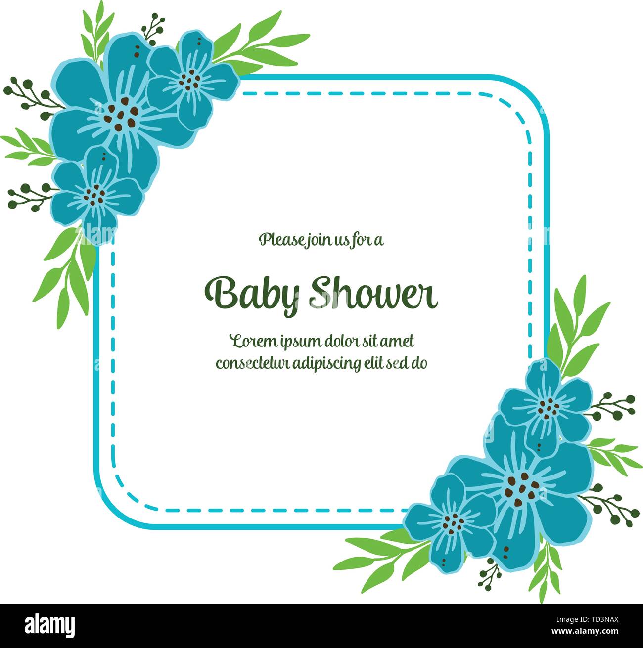 Vector illustration writing baby shower with various bright blue wreath ...