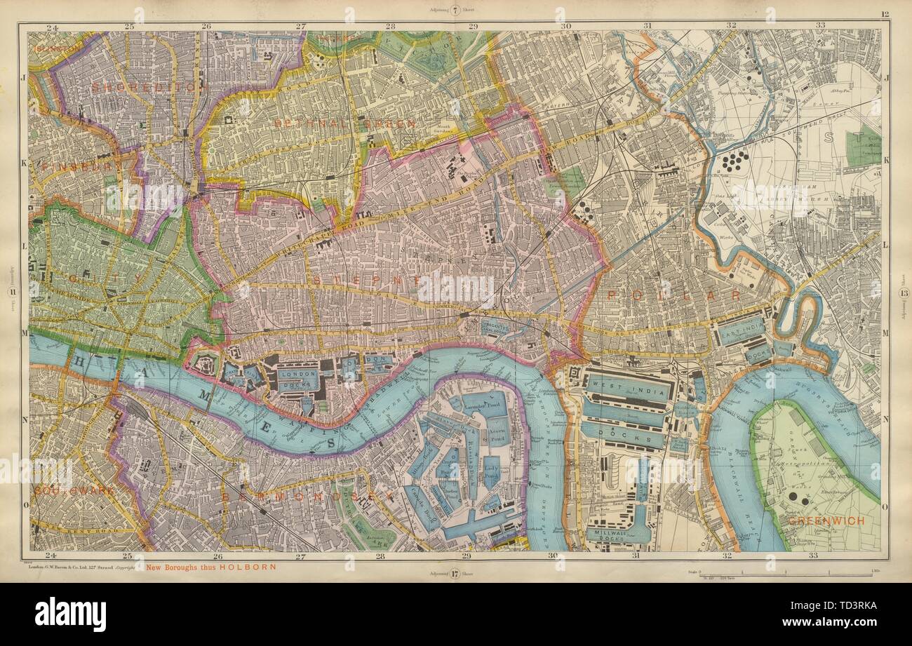 LONDON City East End Southwark Bethnal Green Docks Shoreditch BACON 1900 map Stock Photo