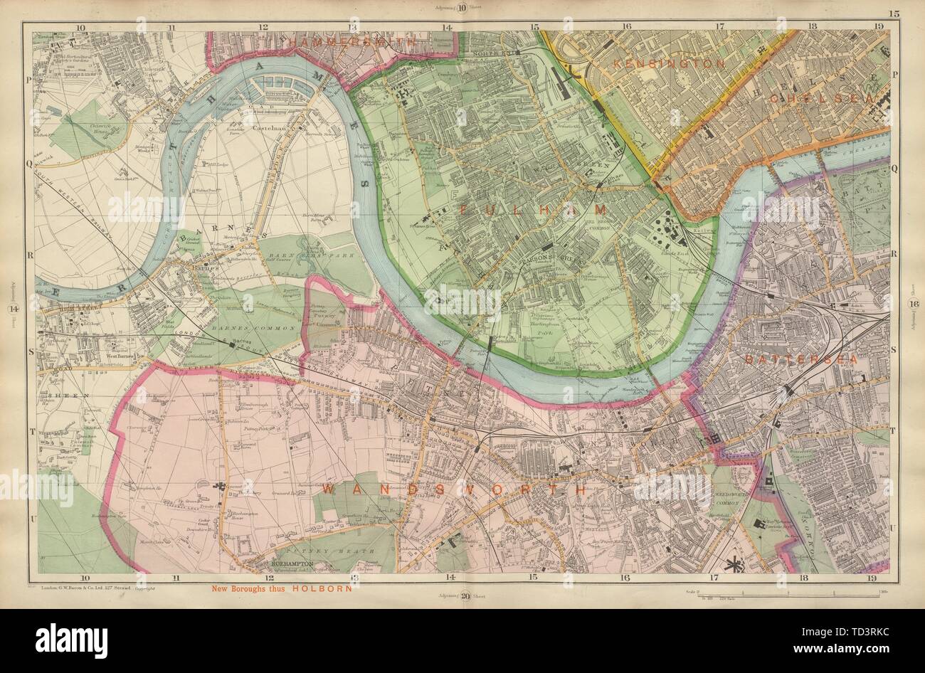 LONDON Chiswick Barnes Fulham Chelsea Putney Wandsworth Clapham BACON 1900 map Stock Photo