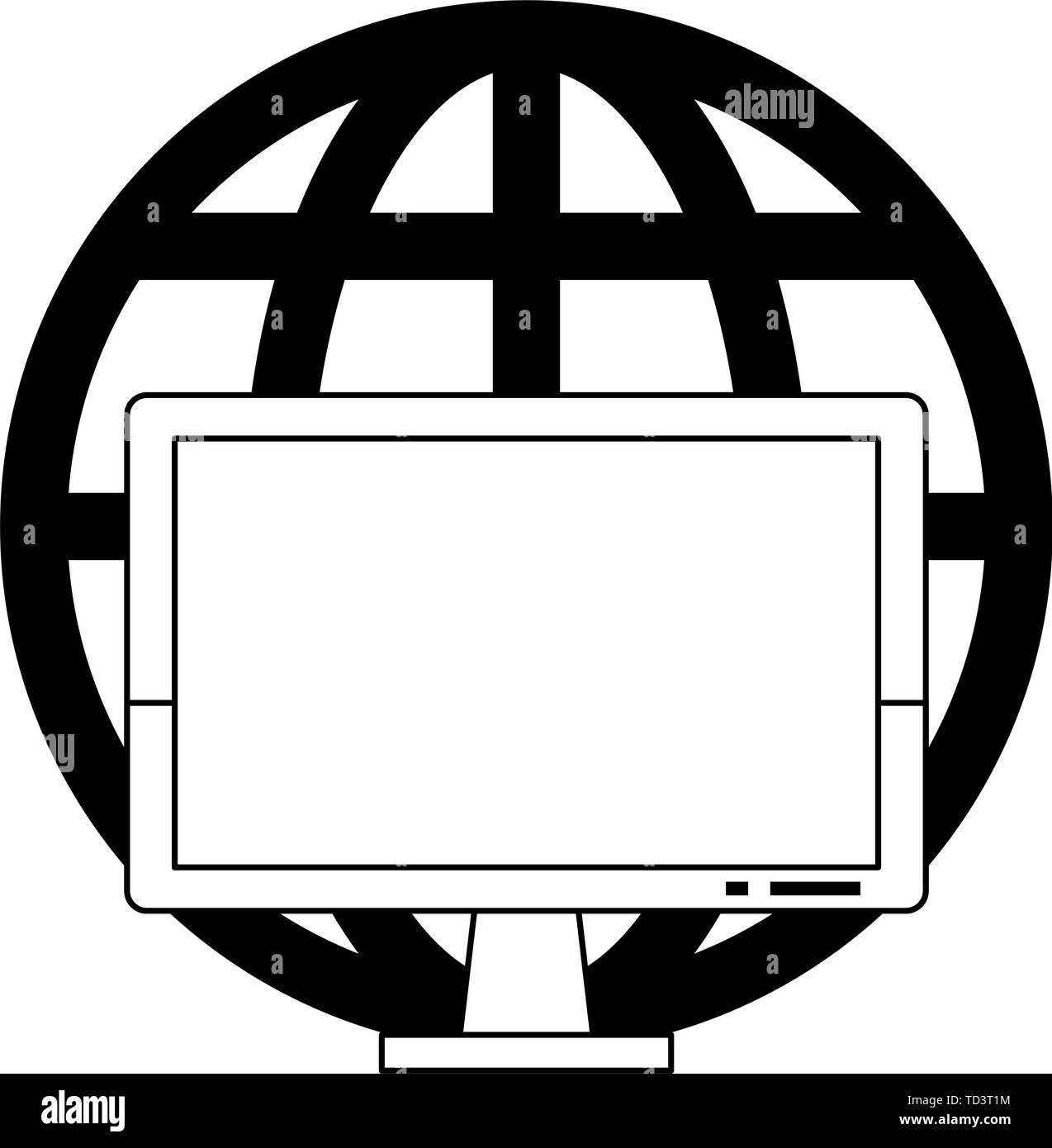Computer hardware screen with global sphere symbol in black and white ...