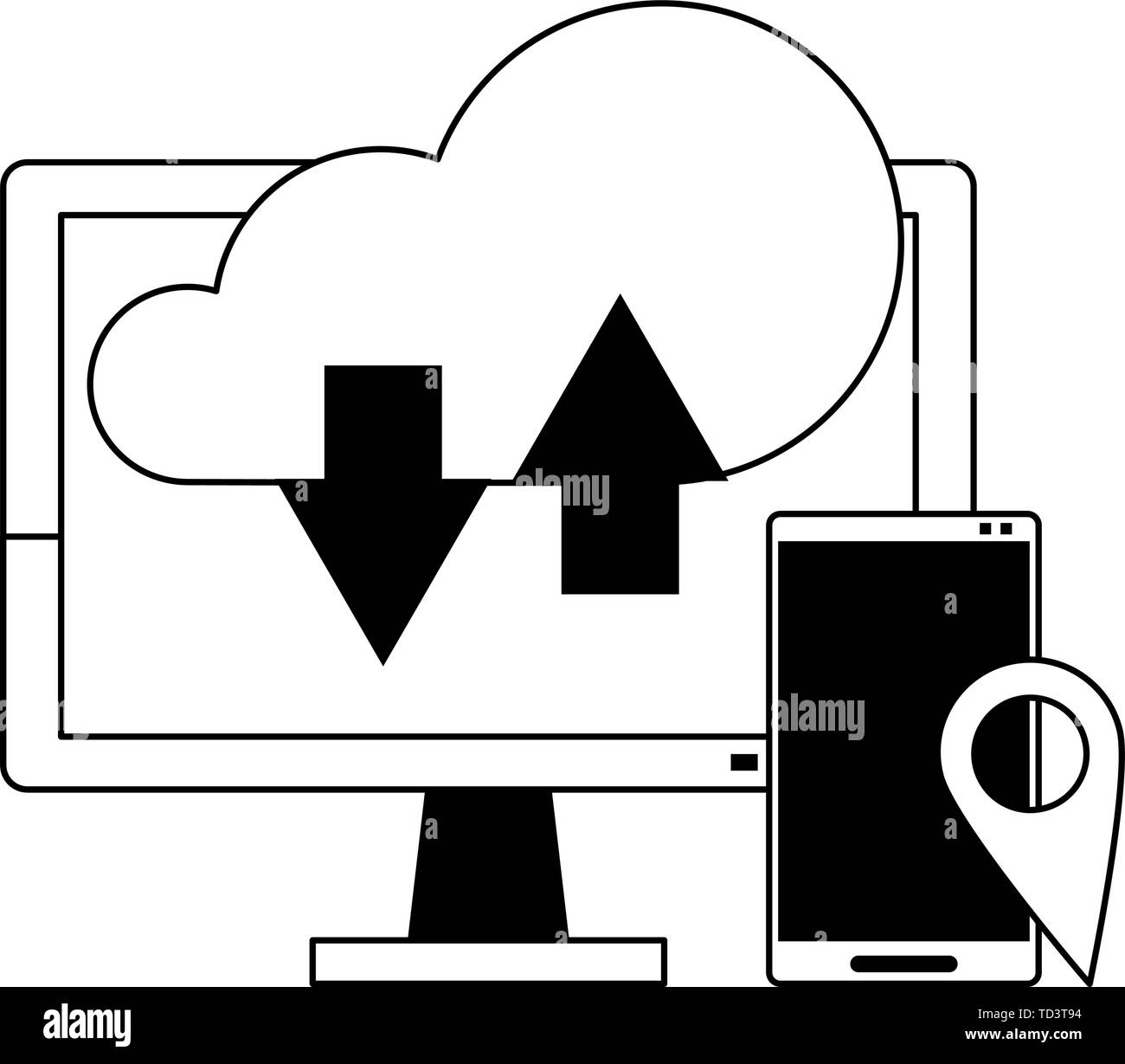 Cloud computing technology symbols isolated in black and white Stock ...