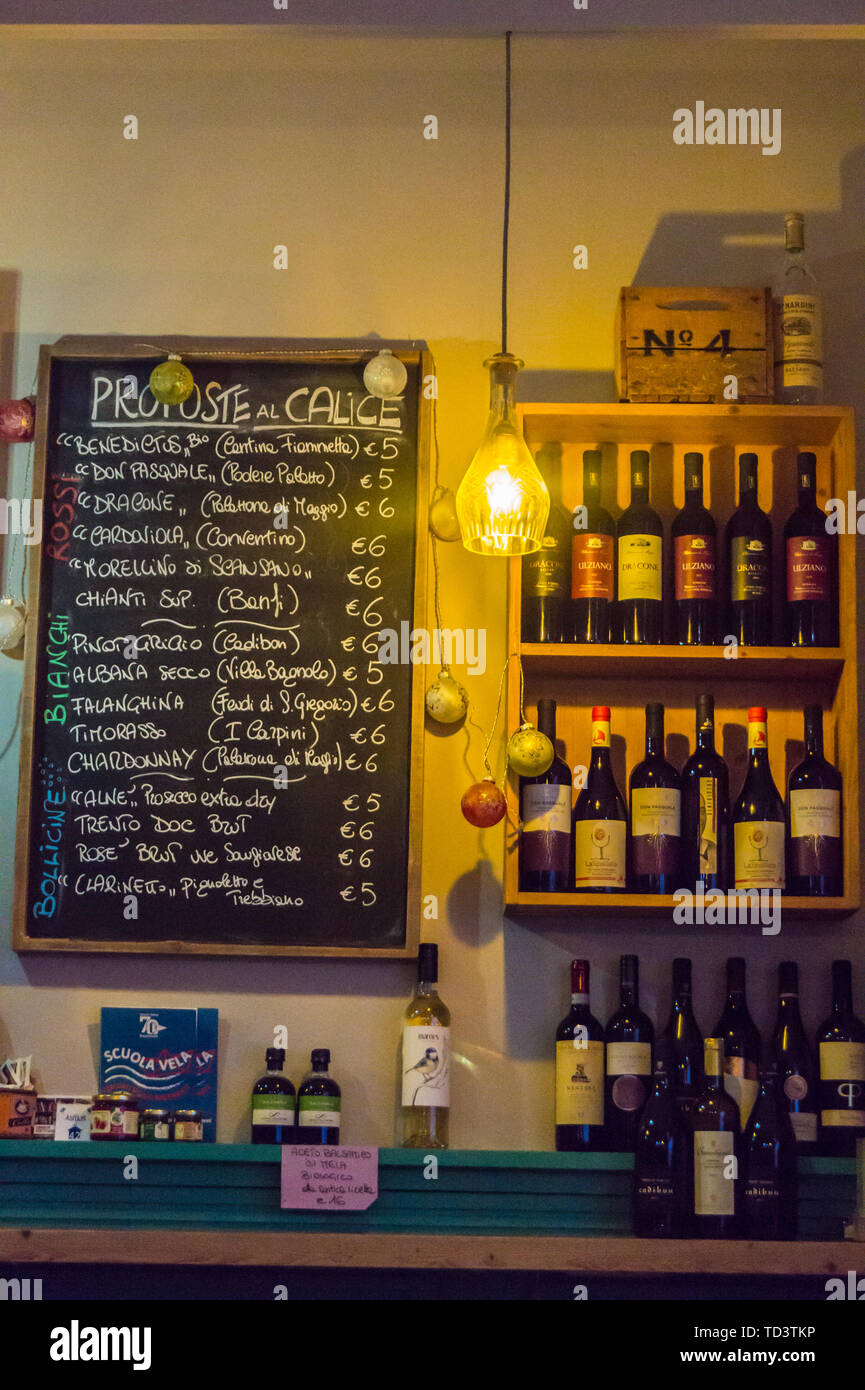 Wine list at Baldovino wine bar, Ravenna, Emilia-Romagna, Italy Stock Photo