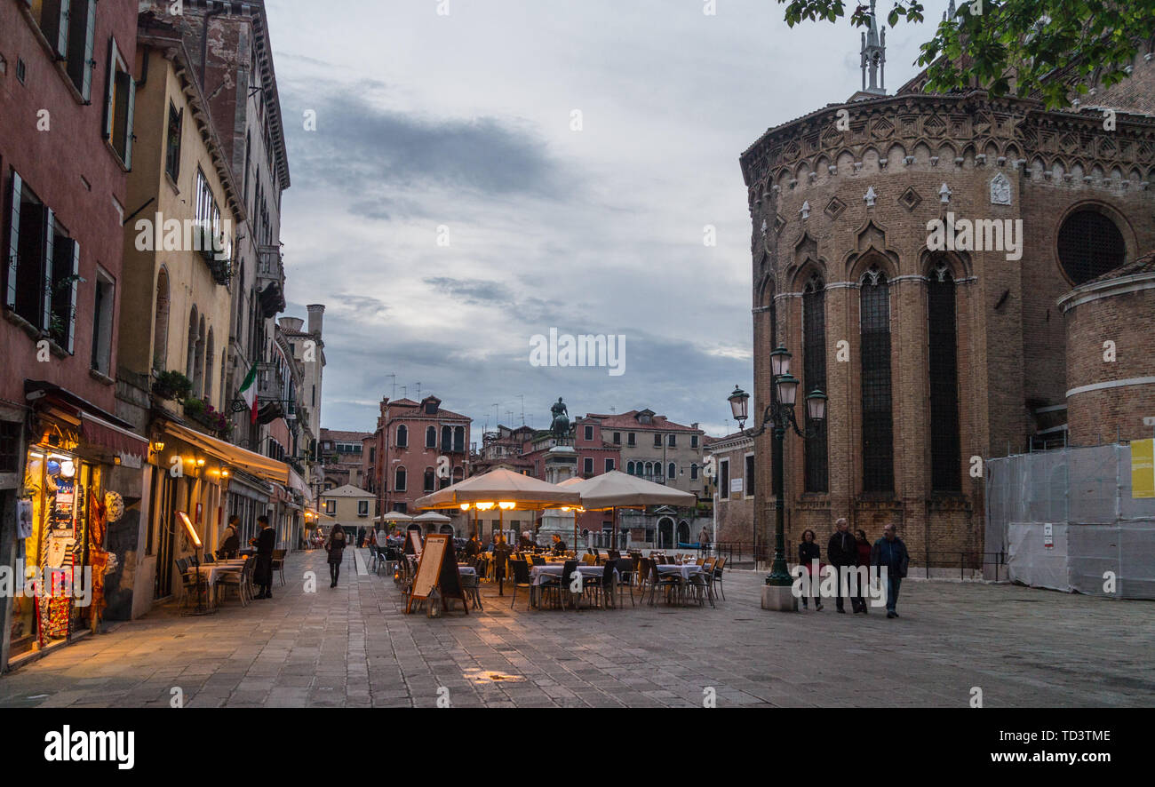 Basilica of Sts. Giovanni e Paolo and equestrian statue of Bartolomeo Colleoni, Campo San Giovanni e Paolo, San Zanipolo, at dusk, Venice Veneto Italy Stock Photo