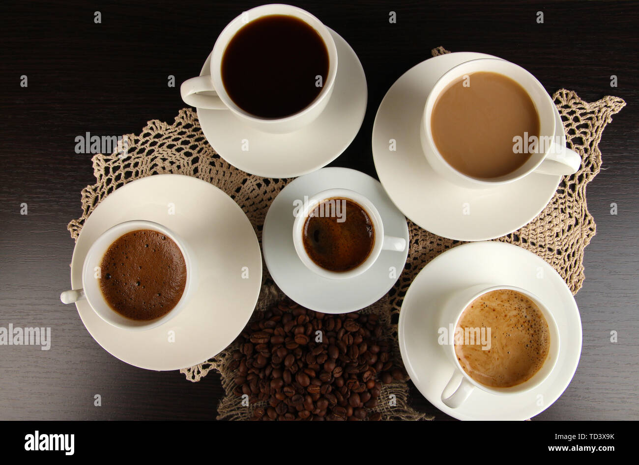 Assortment of different hot coffee drinks close up Stock Photo Alamy
