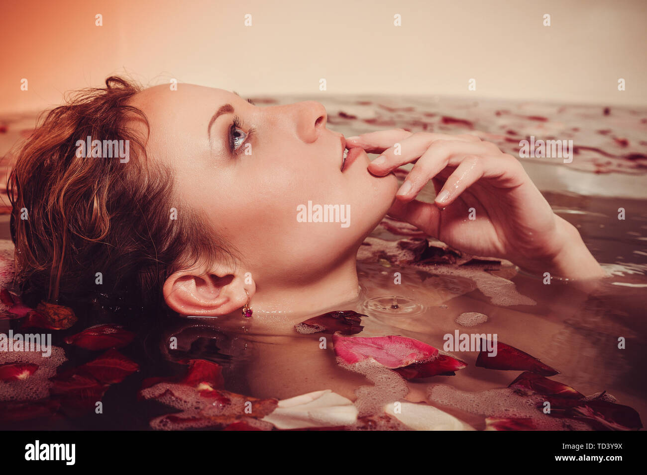 Woman Washing Hair Bubble Bath Water Bathroom High Resolution Stock
