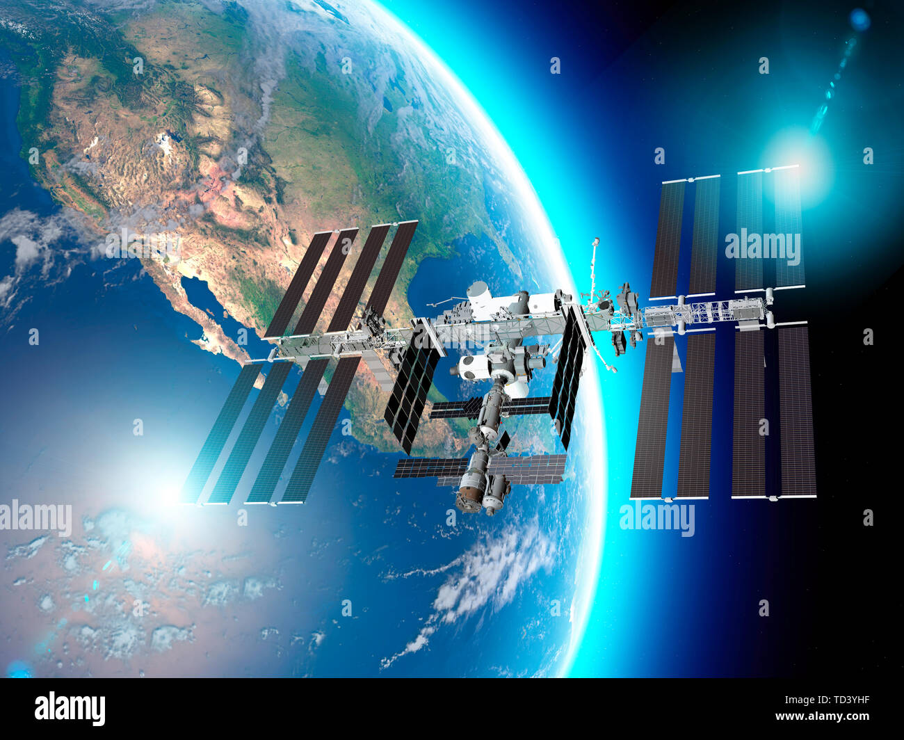 The International Space Station (ISS) is a space station, or a habitable artificial satellite, in low Earth orbit. Satellite view of the earth and ISS Stock Photo