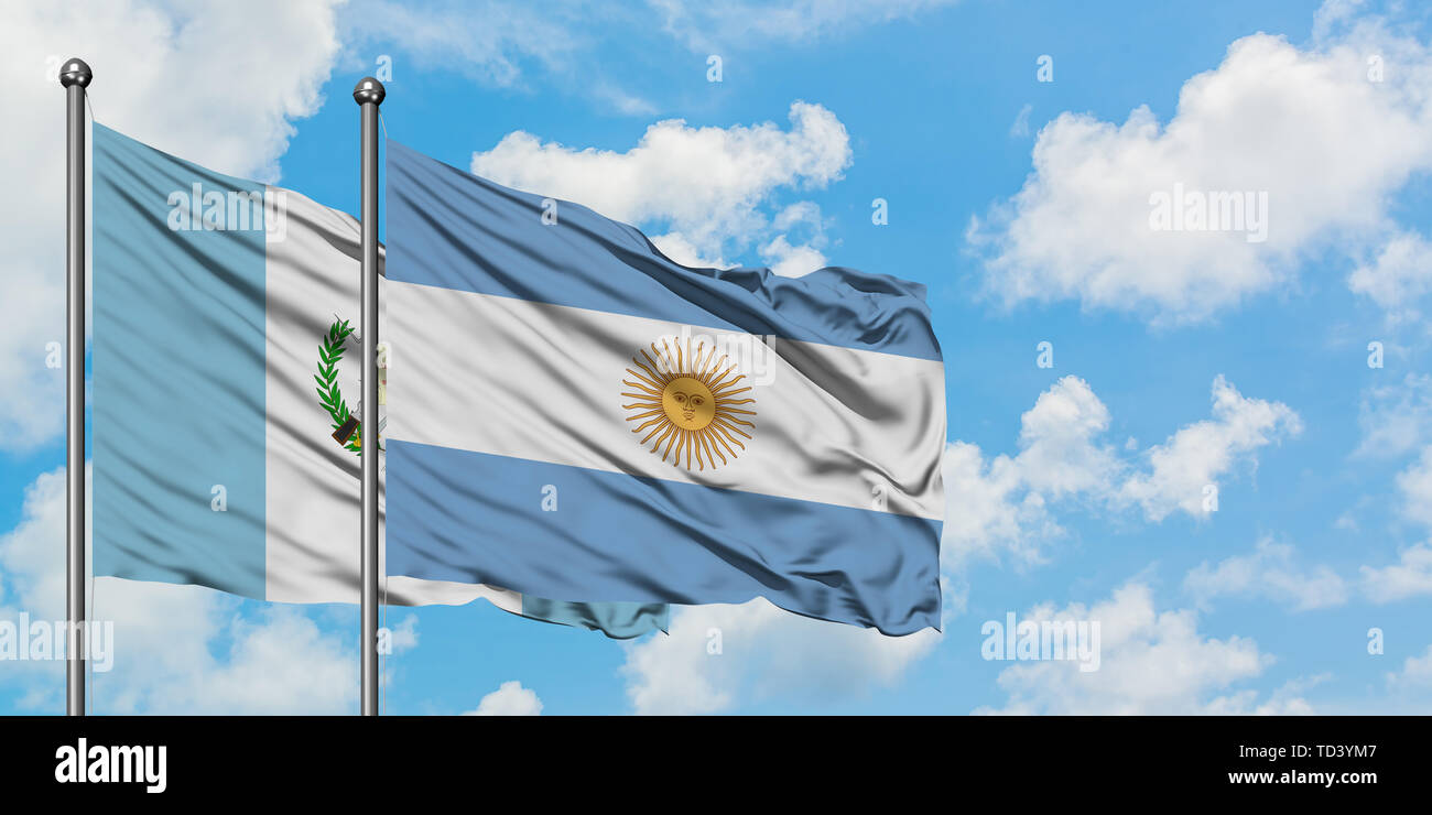 Guatemala and Argentina flag waving in the wind against white cloudy