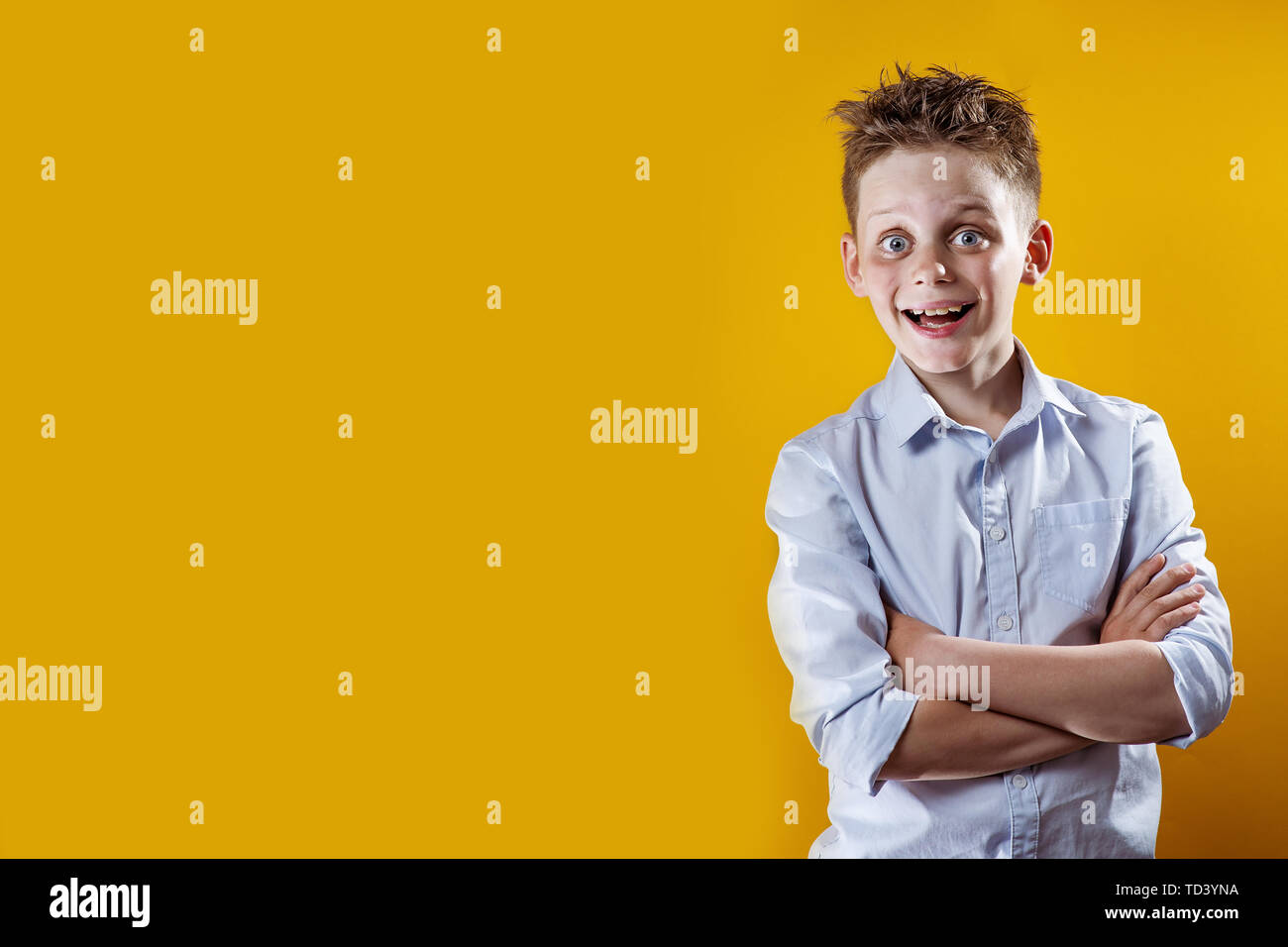 cheerful boy stands and smiles in a light shirt on a bright colored ...