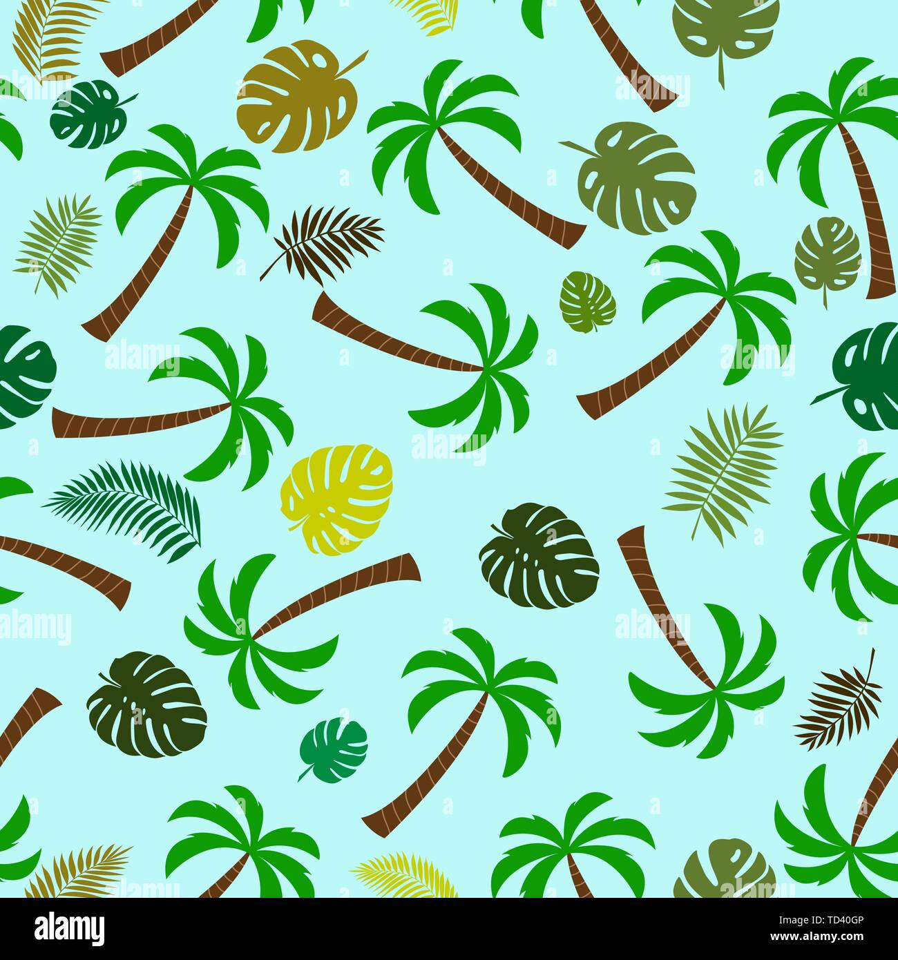Seamless pattern with palm trees and tropical plant leaves. Ideal for textiles, packaging, paper printing, simple backgrounds and textures. Stock Vector