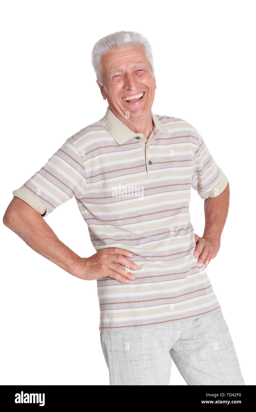 Portrait of senior man holding hands on hips isolated Stock Photo Alamy