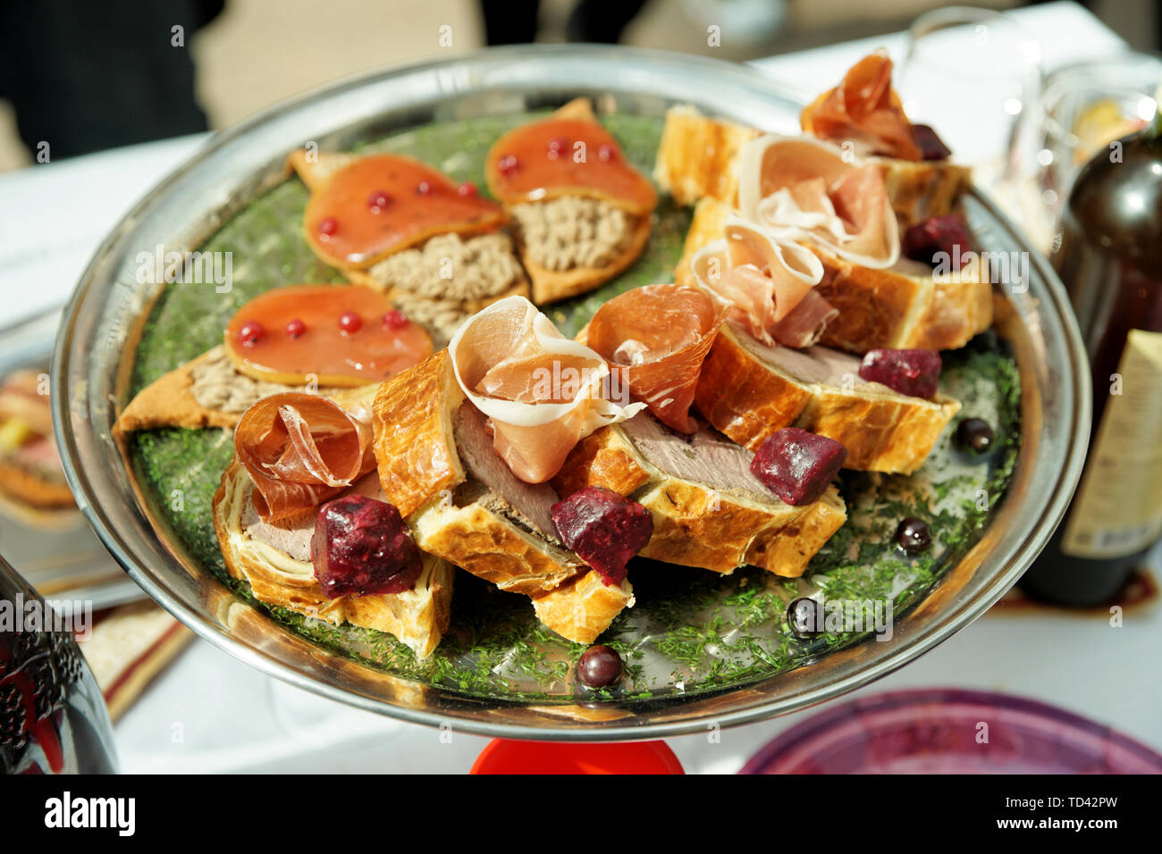 Meat roll with cured ham, natural sunlight Stock Photo