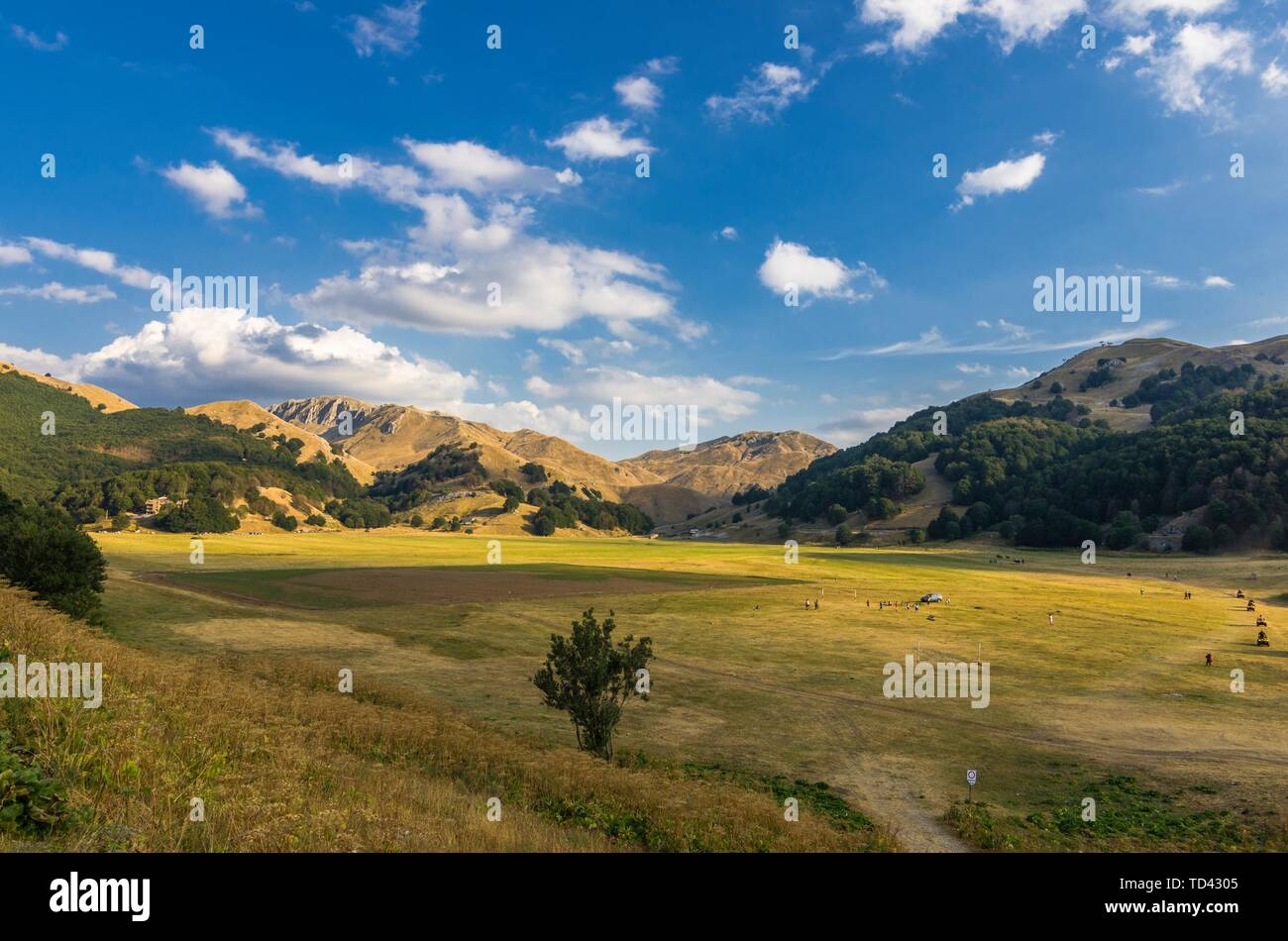 View of the valley in the mountains with summer activities Stock Photo
