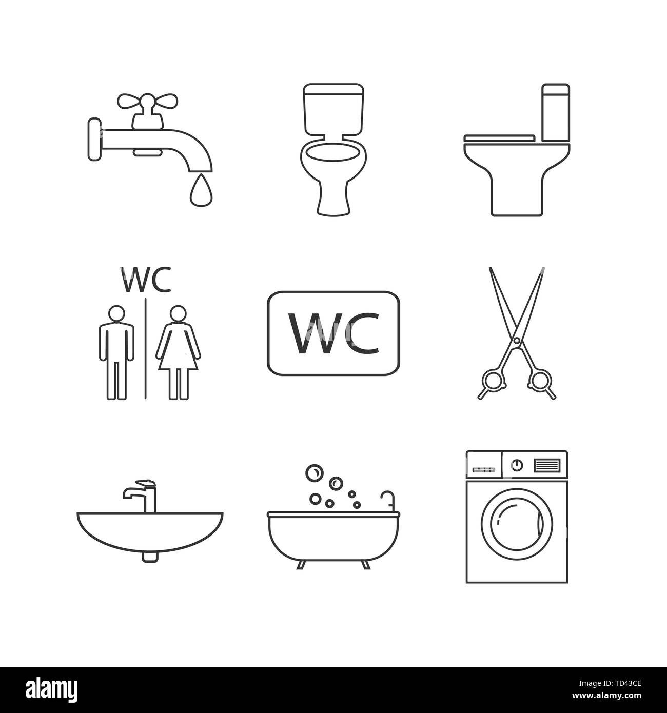 Toilet, Bathroom line icon set. Vector illustration, flat design. Stock Vector