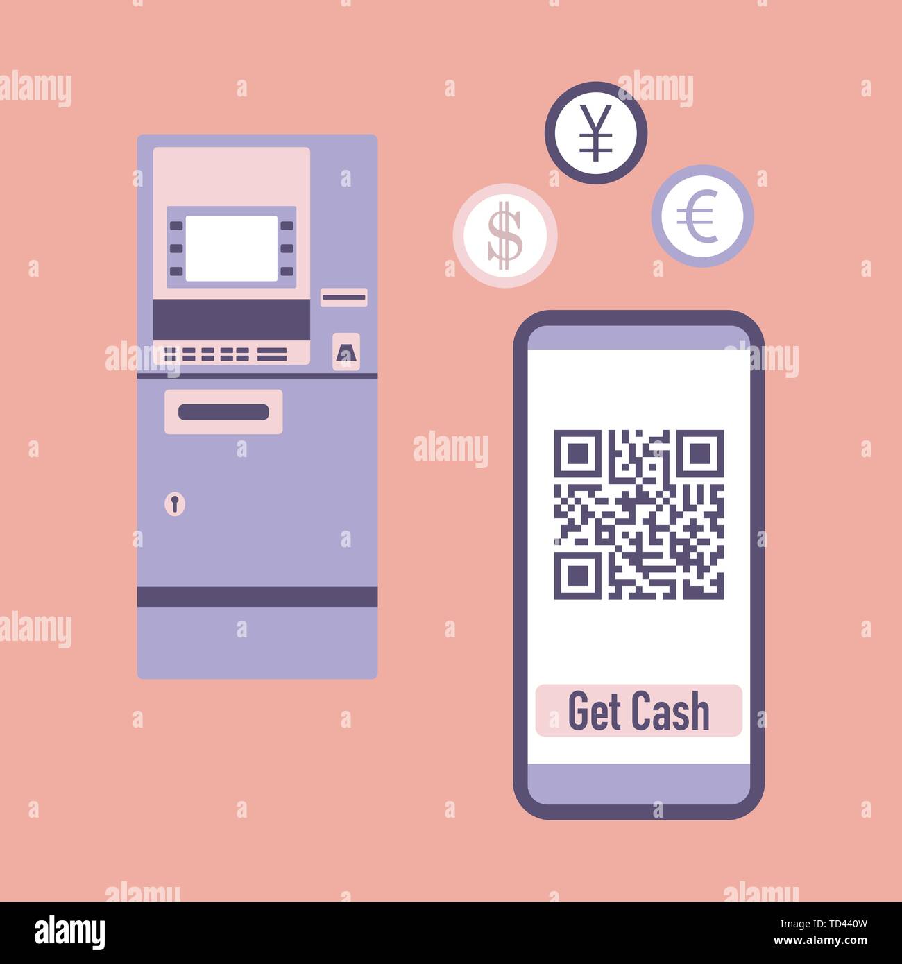 Vector illustration with phone with qr code, ATM cash withdrawal