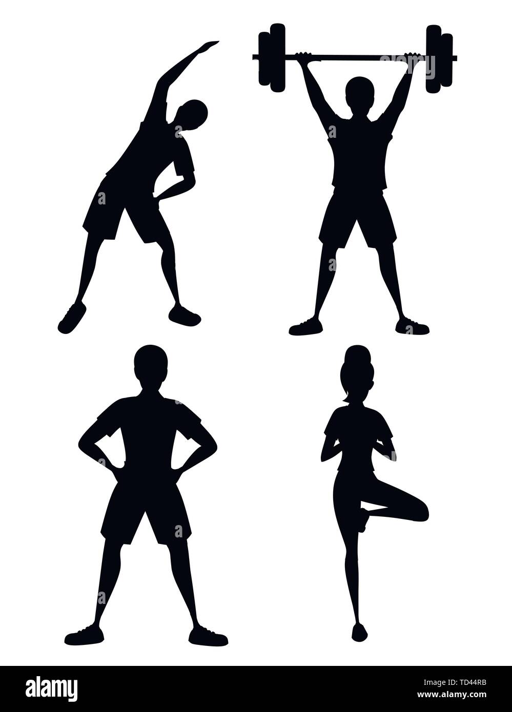 Black silhouette set of people in sportswear doing fitness and strength  exercising. Cartoon character design. Flat vector illustration Stock Vector  Image & Art - Alamy