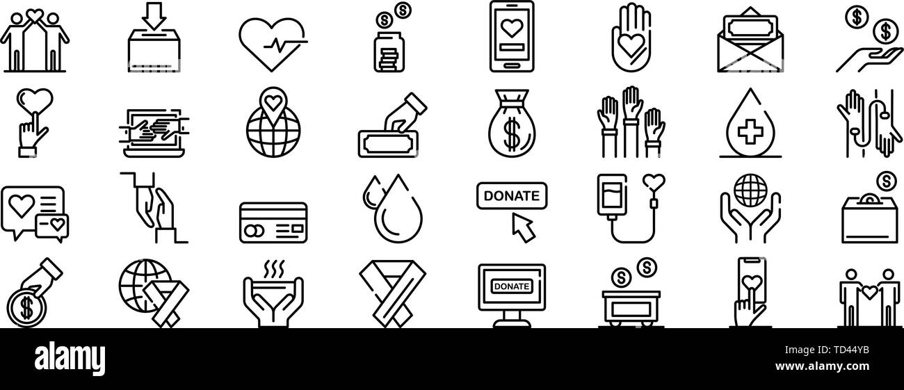 Donations icons set, outline style Stock Vector