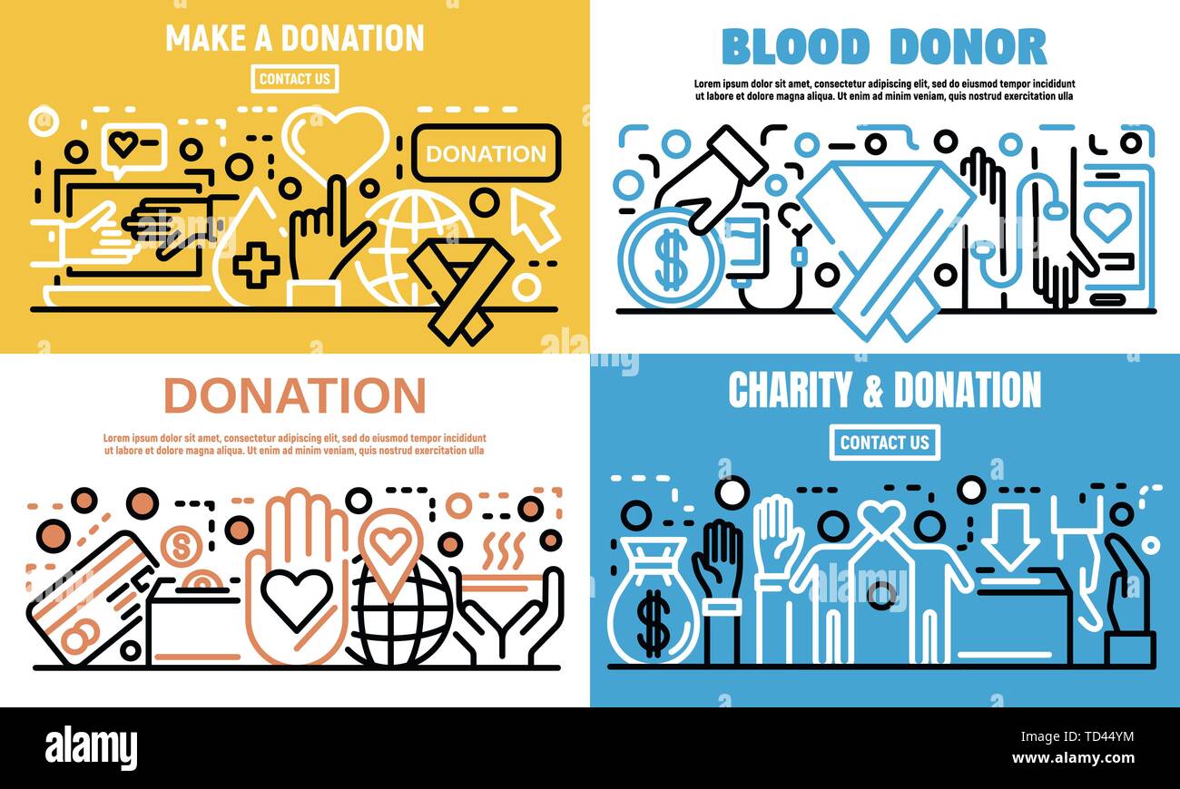 Donations banner set, outline style Stock Vector