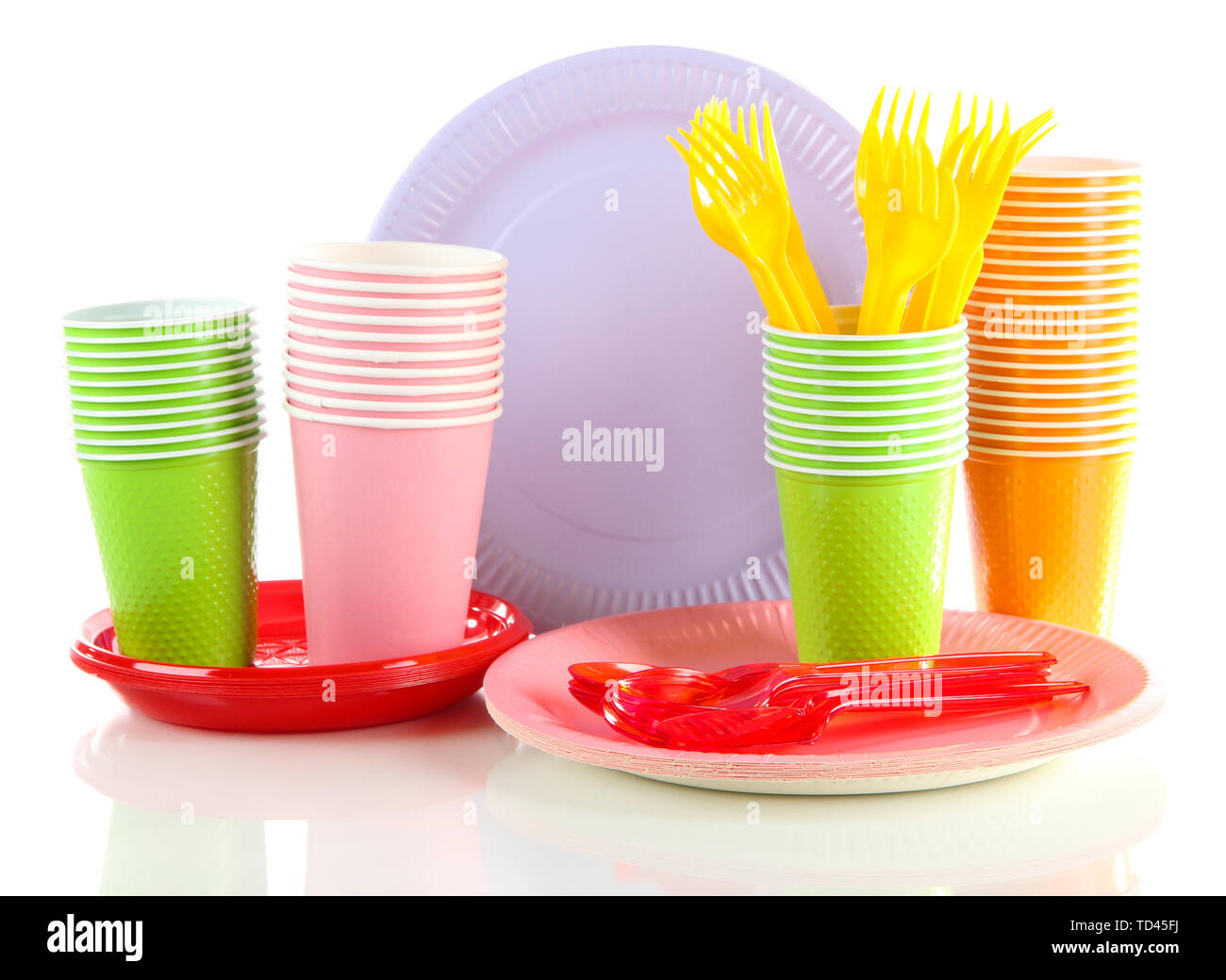 Multicolored plastic tableware isolated on white Stock Photo