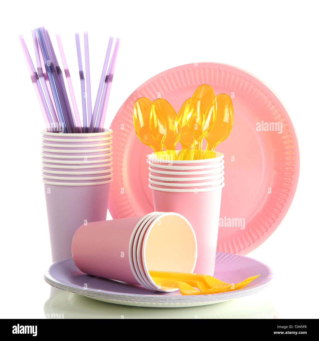 Multicolored plastic tableware isolated on white Stock Photo
