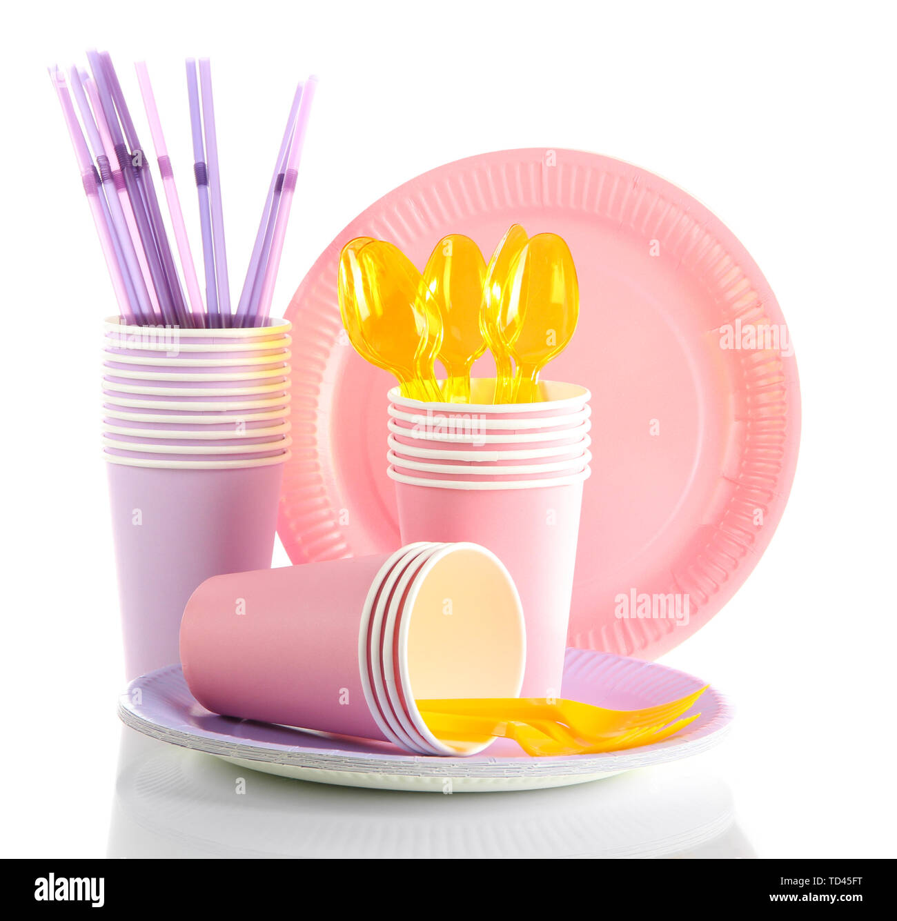 Multicolored plastic tableware isolated on white Stock Photo