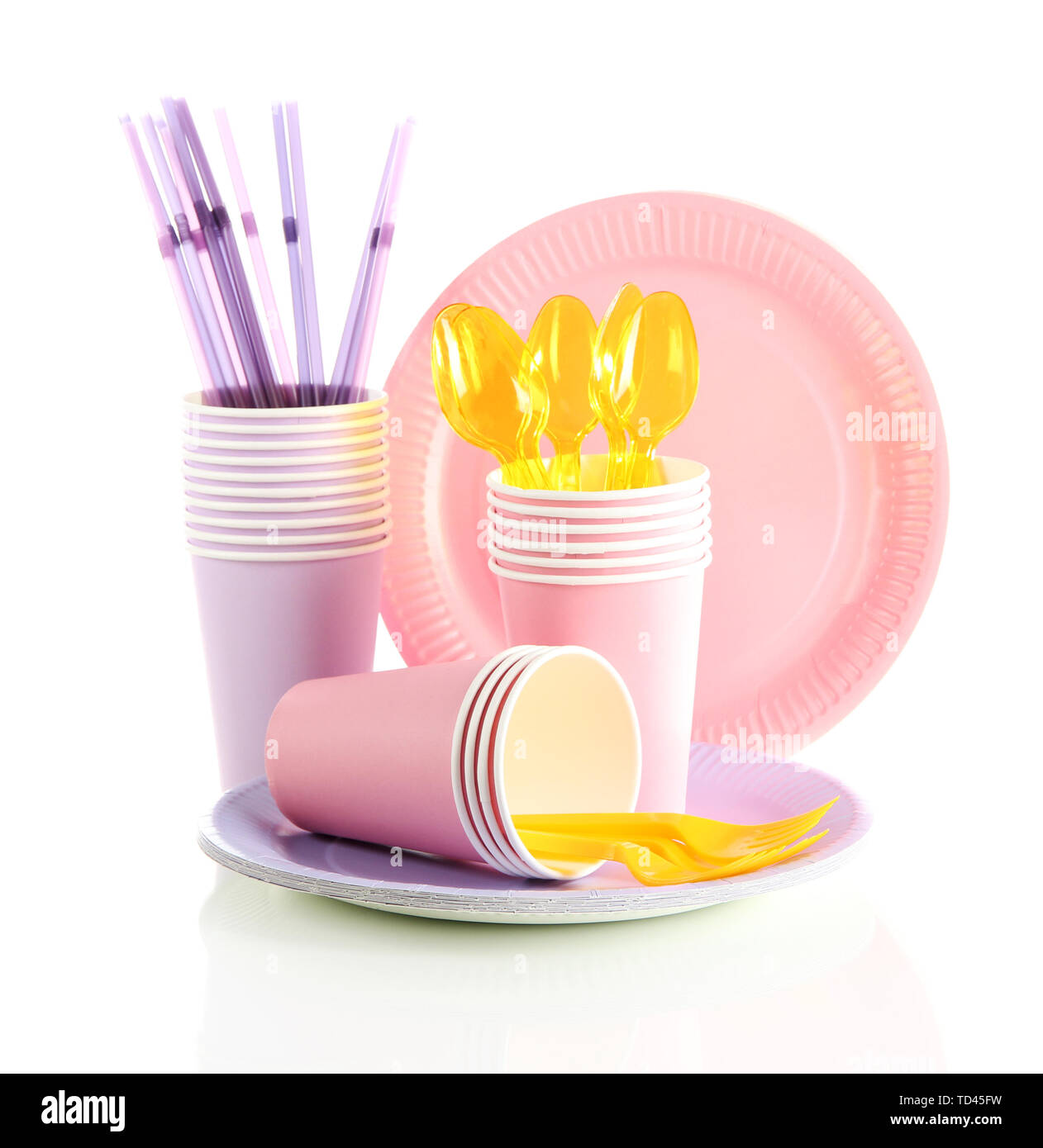 Multicolored plastic tableware isolated on white Stock Photo