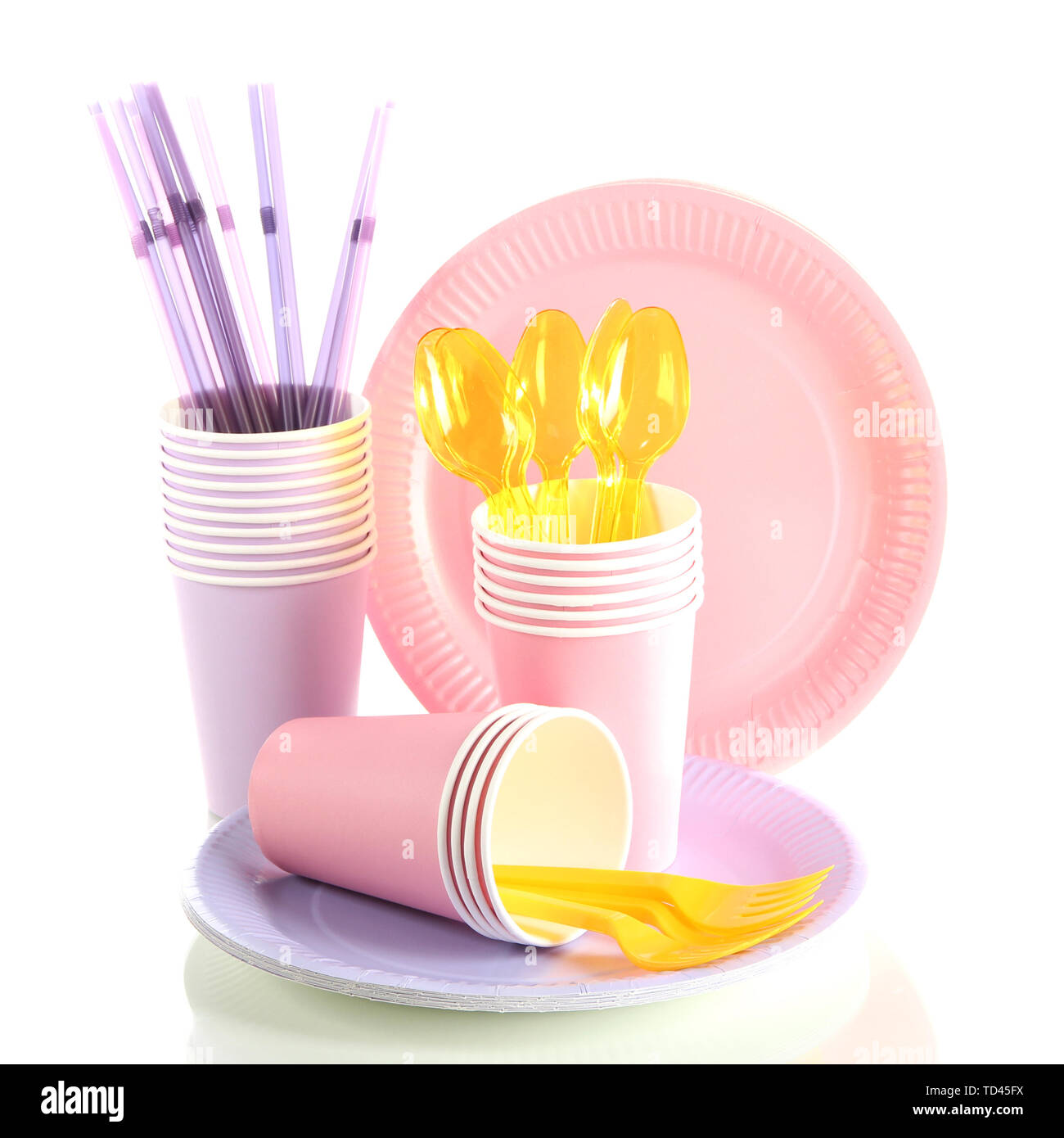 Multicolored plastic tableware isolated on white Stock Photo