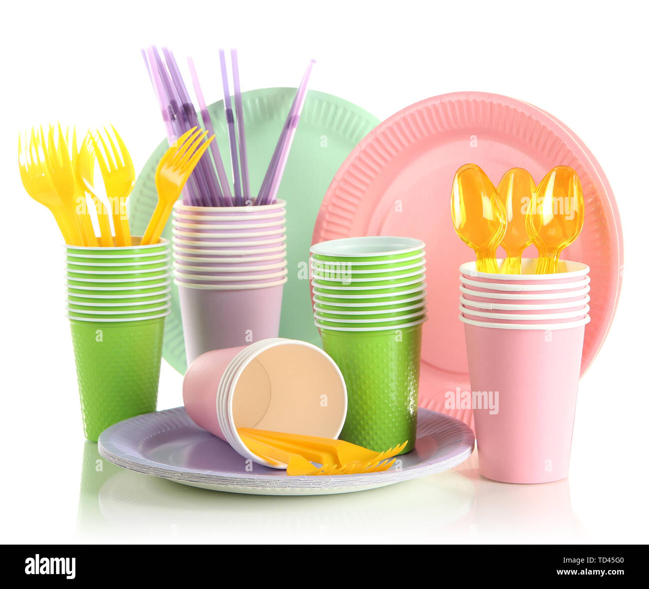 Multicolored plastic tableware isolated on white Stock Photo
