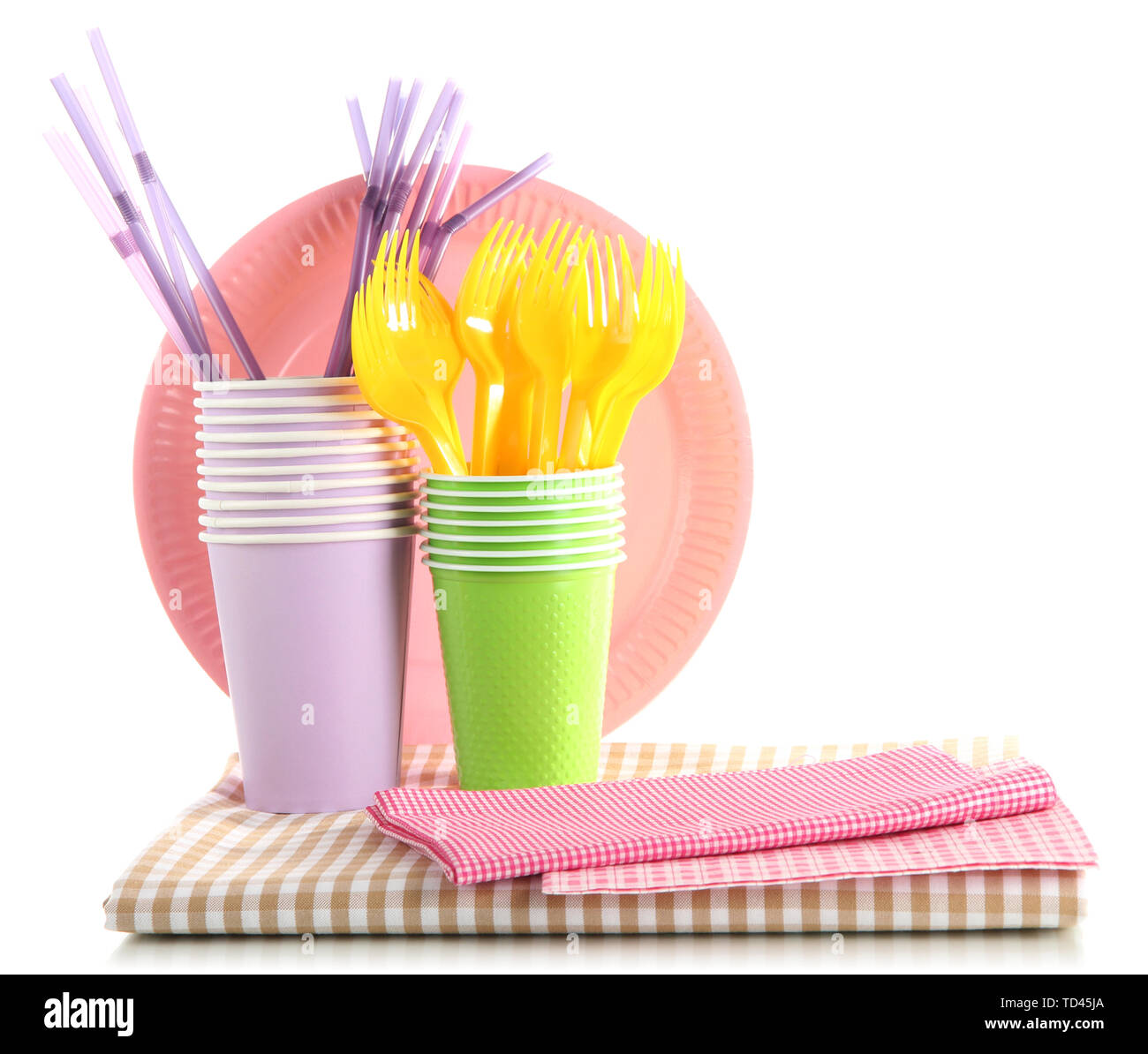 Multicolored plastic tableware isolated on white Stock Photo