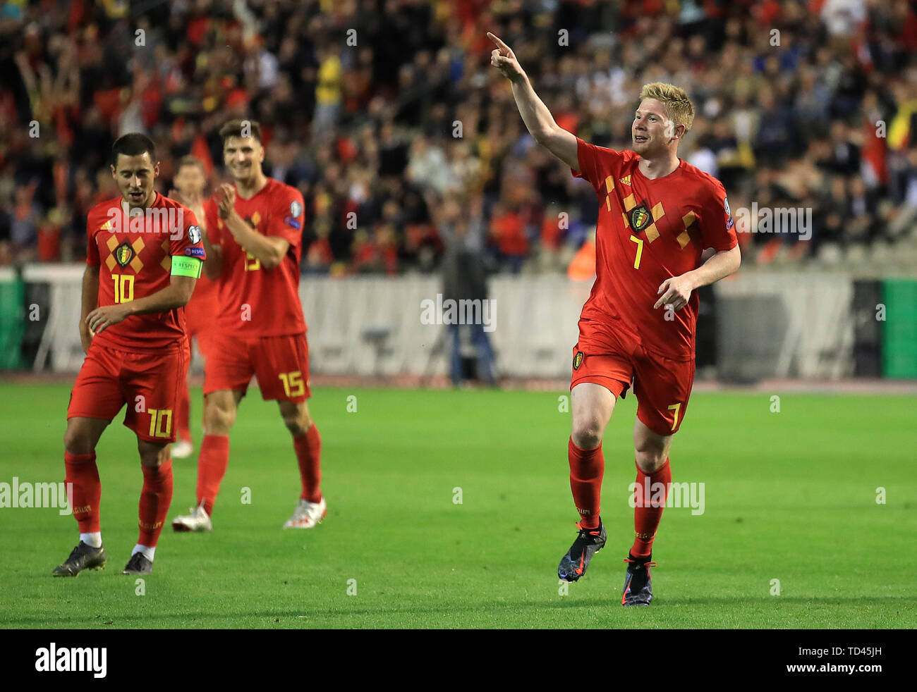 Belgium's Kevin De Bruyne celebrates scoring his side's third goal of the game during the UEFA Euro 2020 Qualifying, Group I match at the King Baudouin Stadium, Brussels. Stock Photo