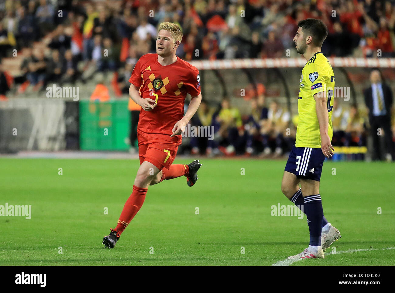 Belgium's Kevin De Bruyne celebrates scoring his side's third goal of the game during the UEFA Euro 2020 Qualifying, Group I match at the King Baudouin Stadium, Brussels. Stock Photo