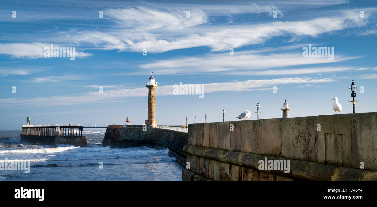 Whitby West Pier panorama and lighthouses, Whitby, North Yorkshire, Yorkshire, England, United Kingdom, Europe Stock Photo