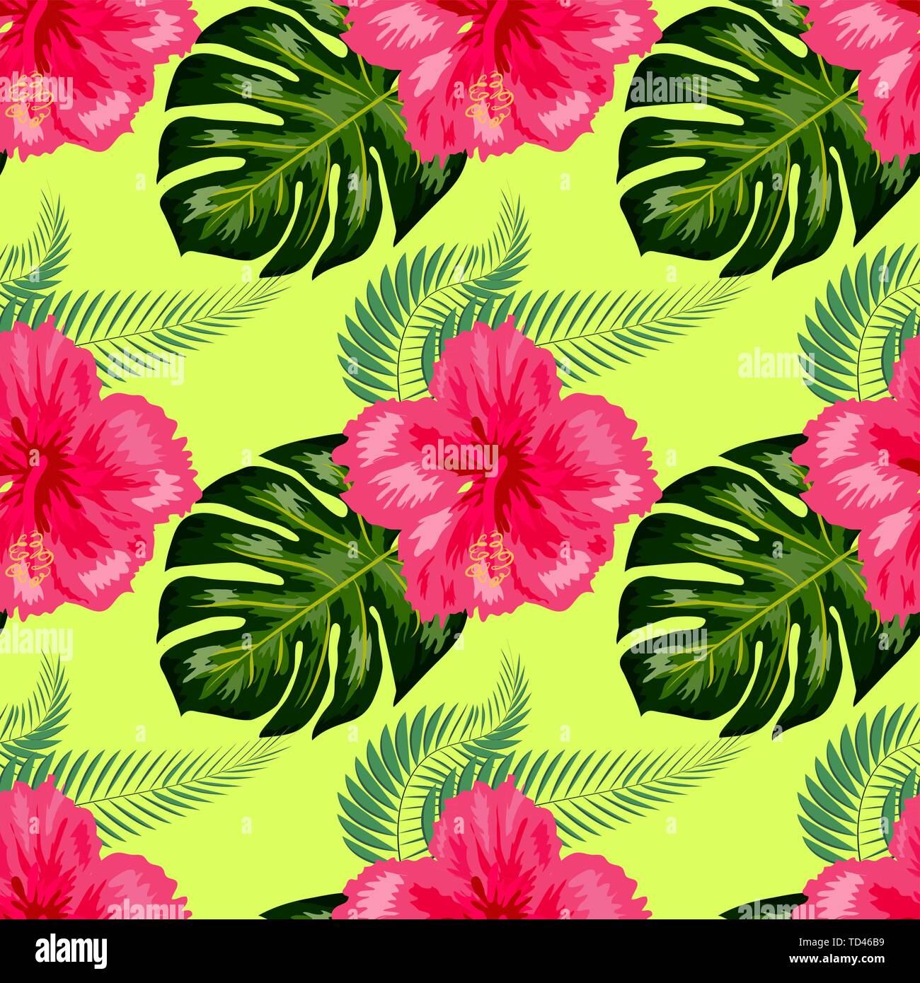 Tropical Vintage Hibiscus Plumeria Floral Green Leaves Seamless