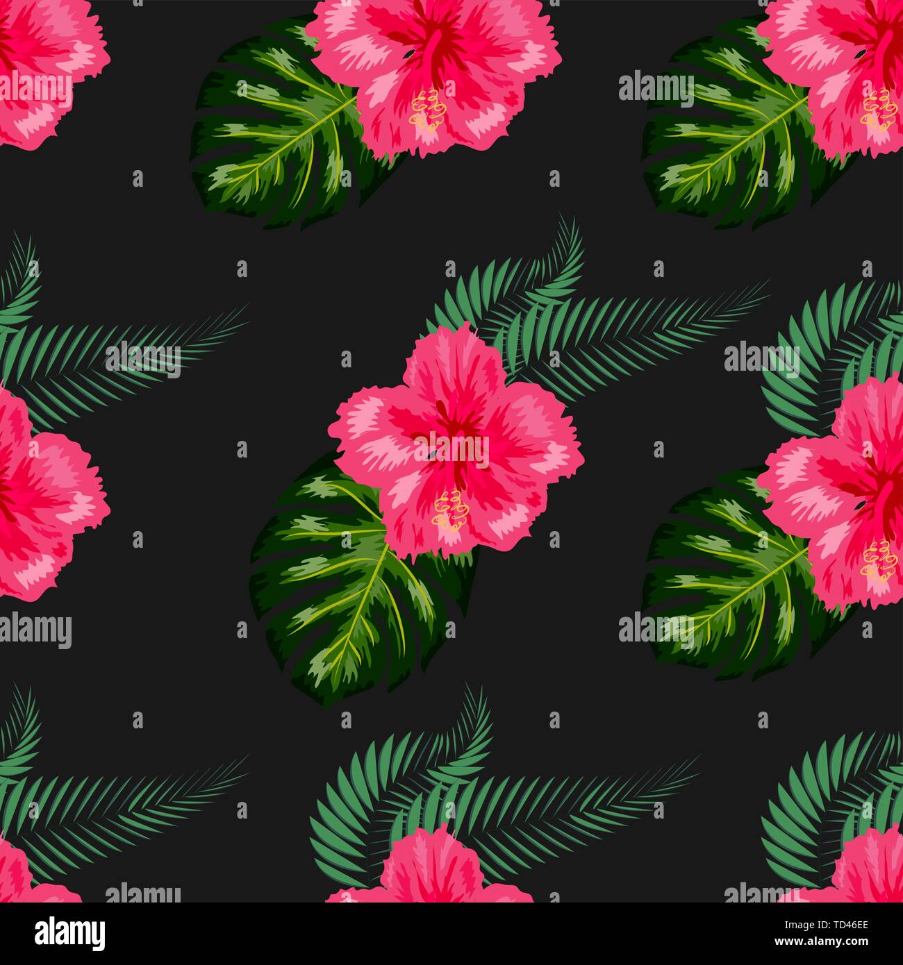 Seamless pattern with tropical leaves and hibiscus flowers Stock Vector ...
