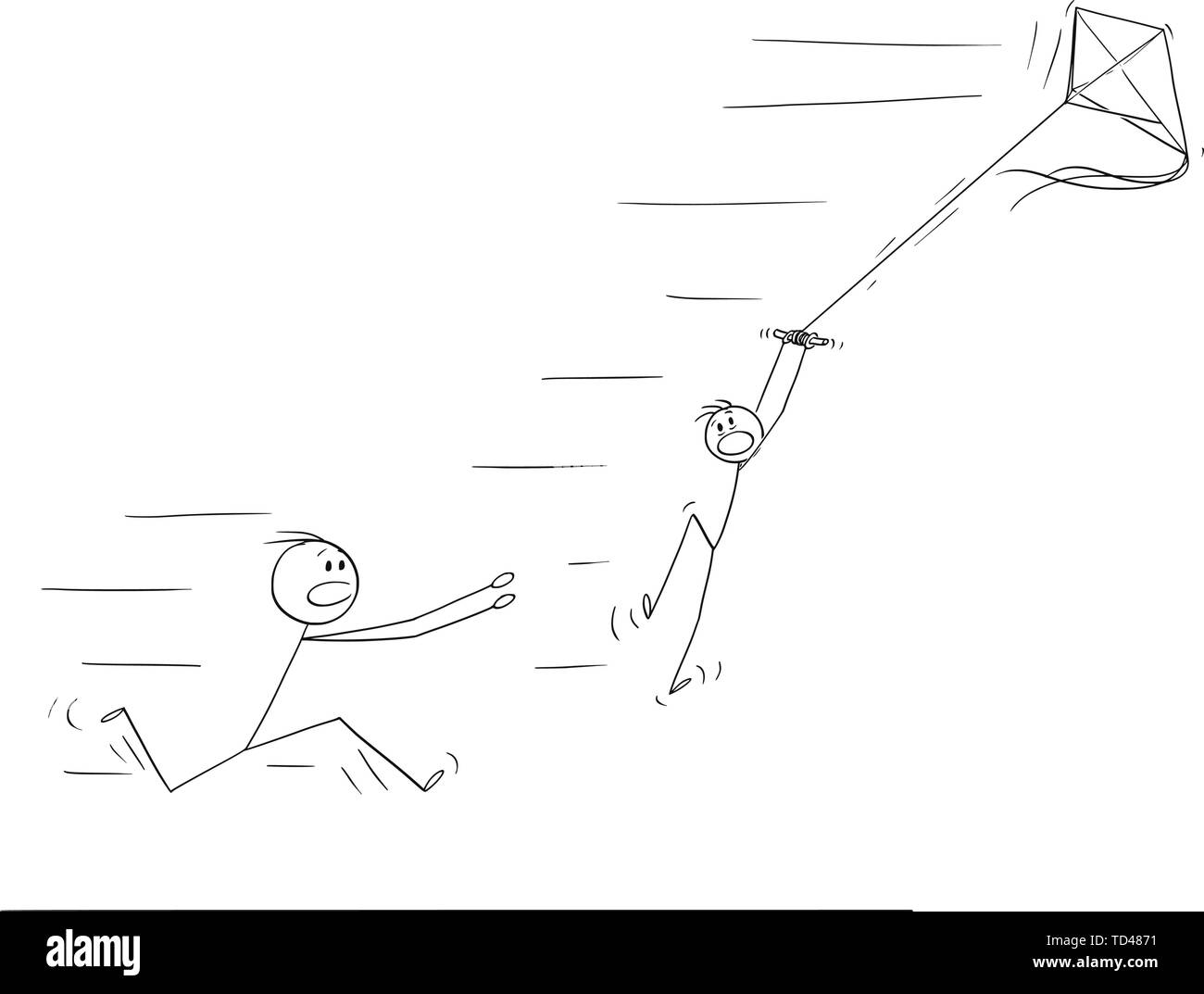 Vector cartoon stick figure drawing conceptual illustration of boy flying kite and flying away in strong wind. Father is running to save him. Stock Vector