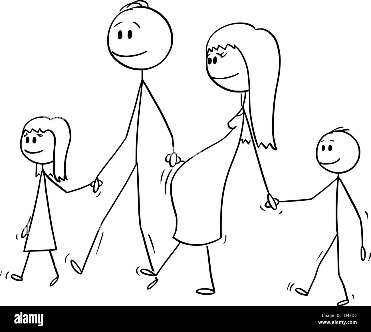 Vector cartoon stick figure drawing conceptual illustration of family of man and pregnant woman walking together and holding hands with two children, boy and girl. Stock Vector