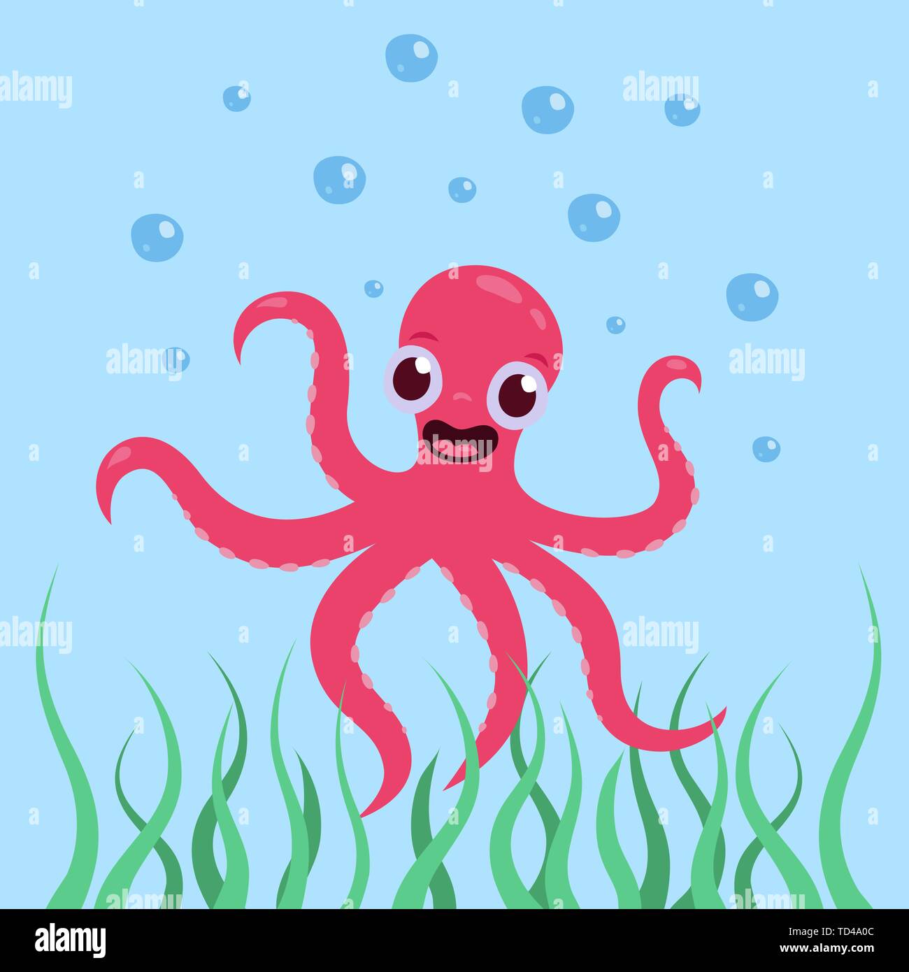 A cheerful, cute octopus is smiling underwater in the sea Vector illustration in cartoon style. Stock Vector