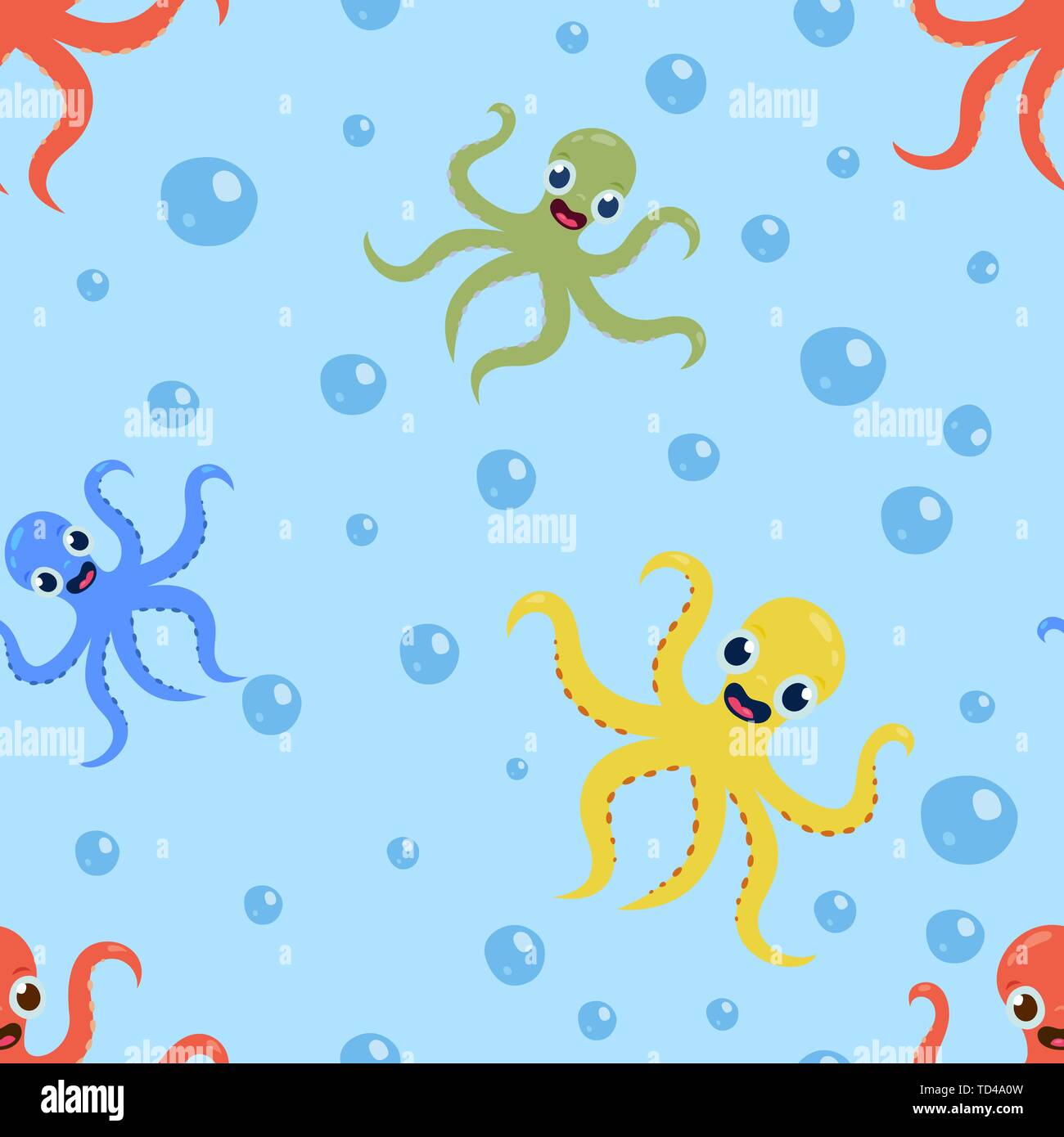 Seamless underwater pattern with cute octopuses Vector cartoon illustration Stock Vector