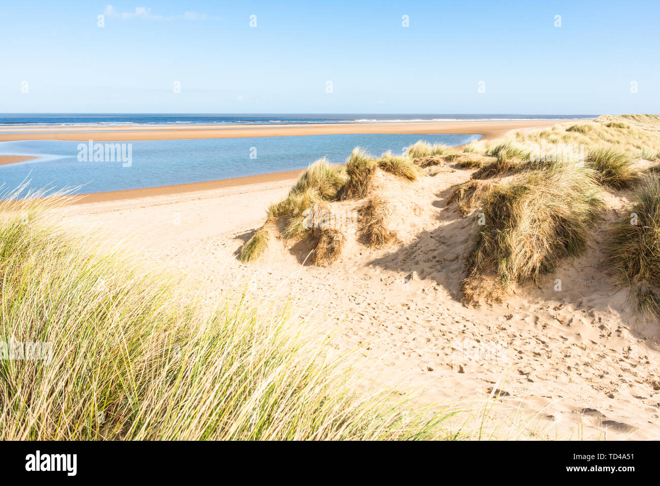 Sand dunes on North Norfolk Path at Holkham Bay, Norfolk, East Anglia, England, United Kingdom, Europe Stock Photo