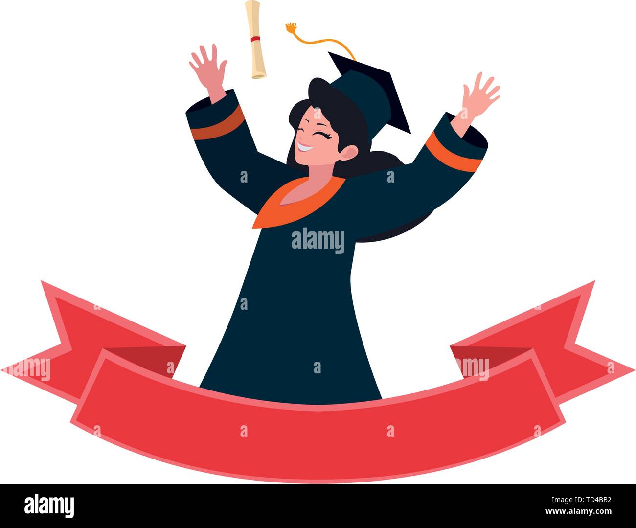 beautiful woman student graduated celebrating with ribbon frame vector ...