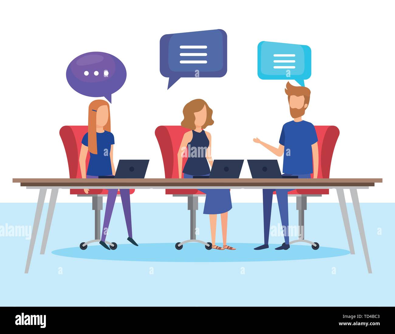 business people with speech bubbles in office vector illustration Stock ...