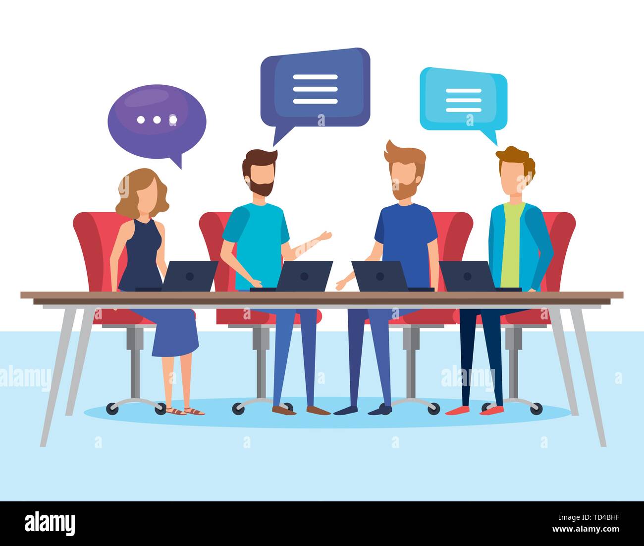 business people with speech bubbles in office vector illustration Stock ...