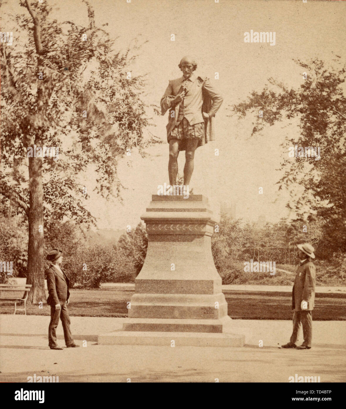 Shakespeare statue, Central Park, New York. Circa 1860 1930 Stock